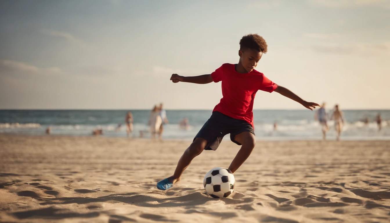Summer mixed race black boy playing soccer on the beach