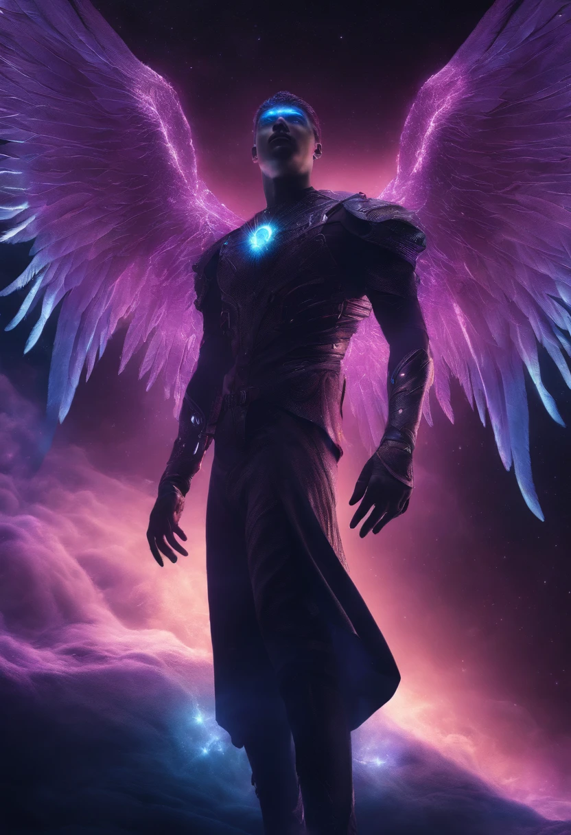 Young man angel, glowing light eyes, Biomechanical, eerie, Creepy, nightmarish, Very bright colors, Light particles, with light glowing, Mshiff, wallpaper art, UHD wallpaper, purple hair, blue skin, Floating in another dimension