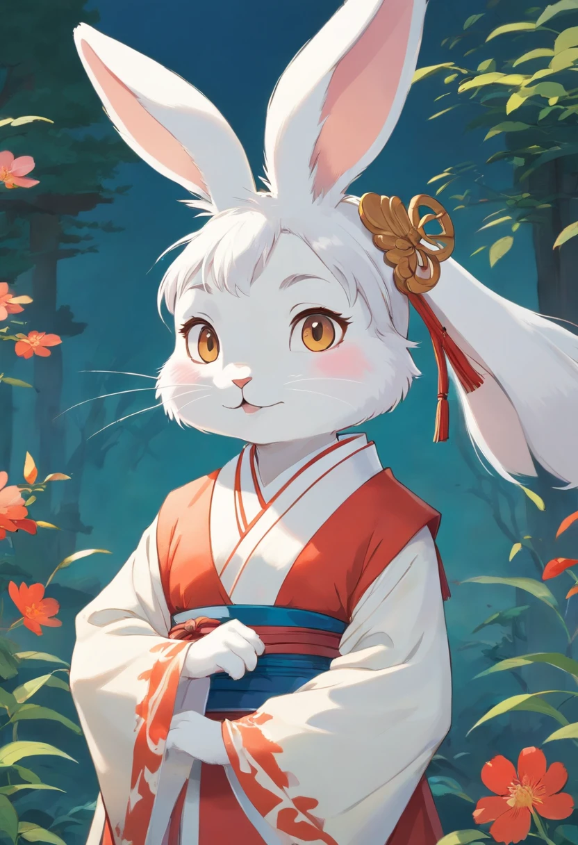 There is a rabbit,Chinese round fan in hand, Rabbit, A rabbit, White rabbit, Rabbit_Bunny,, anthropomorphic rabbit, the white rabbit, With a fan, Rabbit ears, Rabbit in Hanfu, Rabbit in Chinese costume, Rabbit in white Hanfu, Traditional Chinese clothing, with acient chinese clothes, full-body xianxia, Chinese style, Chinese costume, 8K))inspired by Kanbun Master, in style of hayao miyazaki, rabbit face only, studio ghibli filter, edgBunny_Character