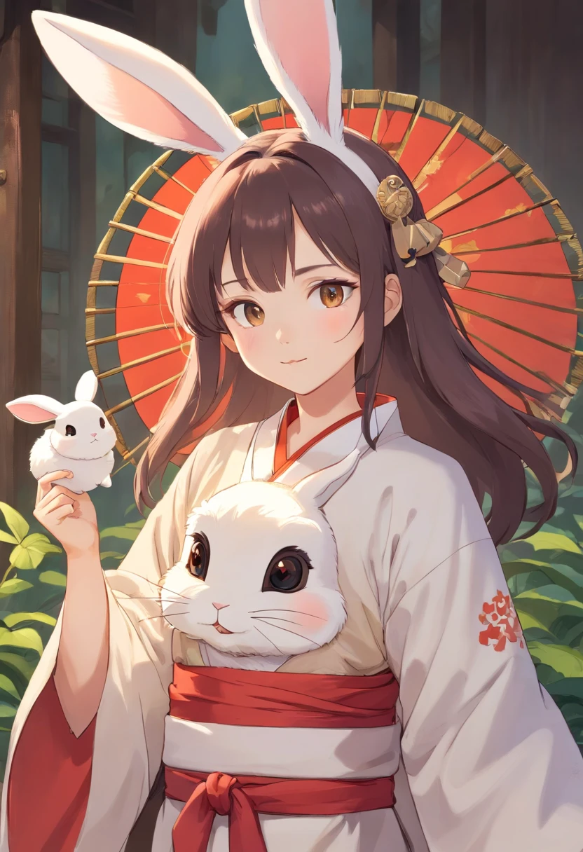 There is a rabbit，Chinese round fan in hand, Rabbit, A rabbit, White rabbit, Rabbit_Bunny,, anthropomorphic rabbit, the white rabbit, With a fan, Rabbit ears, Rabbit in Hanfu, Rabbit in Chinese costume, Rabbit in white Hanfu, Traditional Chinese clothing, with acient chinese clothes, full-body xianxia, Chinese style, Chinese costume, 8K))inspired by Kanbun Master, in style of hayao miyazaki, rabbit face only, studio ghibli filter, edgBunny_Character