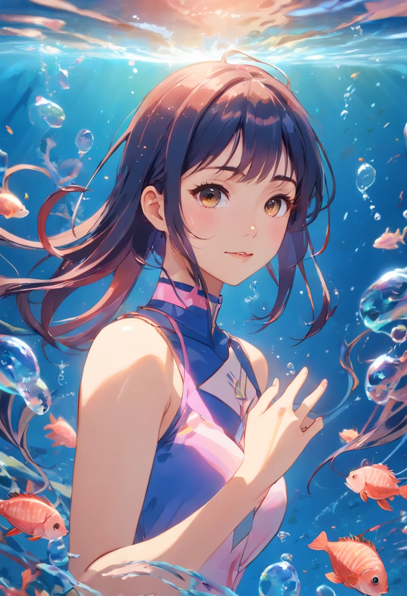 ((masterpiece、top-quality、8K))、(Japan Full Girl、独奏:1.4)、beatiful detailed eyes、Hair floating on water、女優、(Satomi Ishihara:1.2)、under the water、foam、Scorpion fish、(Jellyfish)、fantastic color、reefs、sea weed、