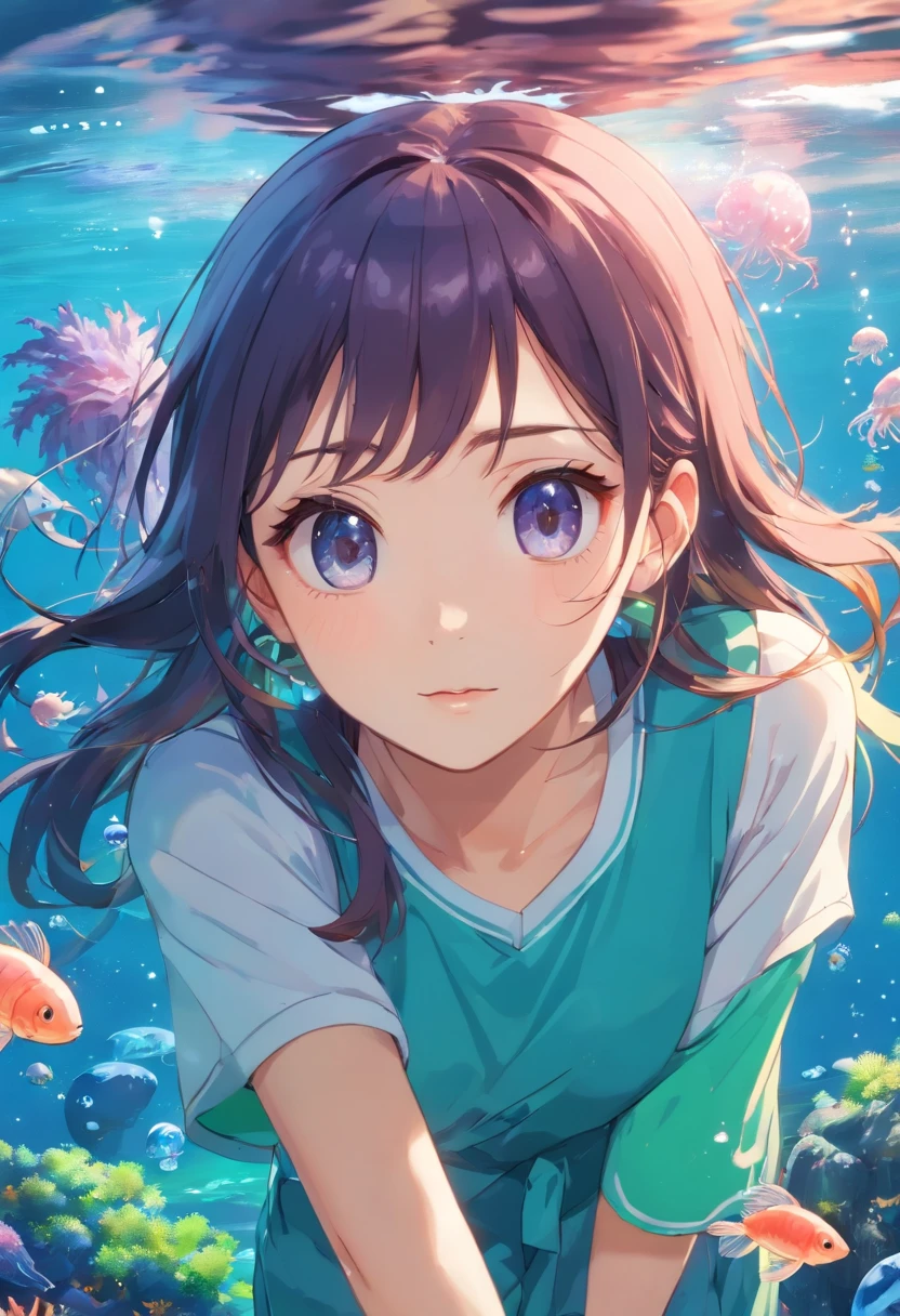 ((masterpiece、top-quality、8K))、(Japan Full Girl、独奏:1.4)、beatiful detailed eyes、Hair floating on water、女優、(Satomi Ishihara:1.2)、under the water、foam、Scorpion fish、(Jellyfish)、fantastic color、reefs、sea weed、