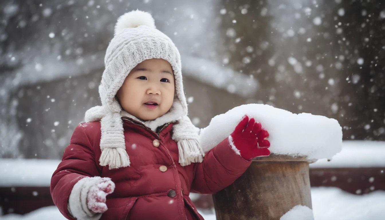 An asian girl toddler wiearing a beanie and coat kneeling and playing with snow snowy winter day white christmas season frozen joy