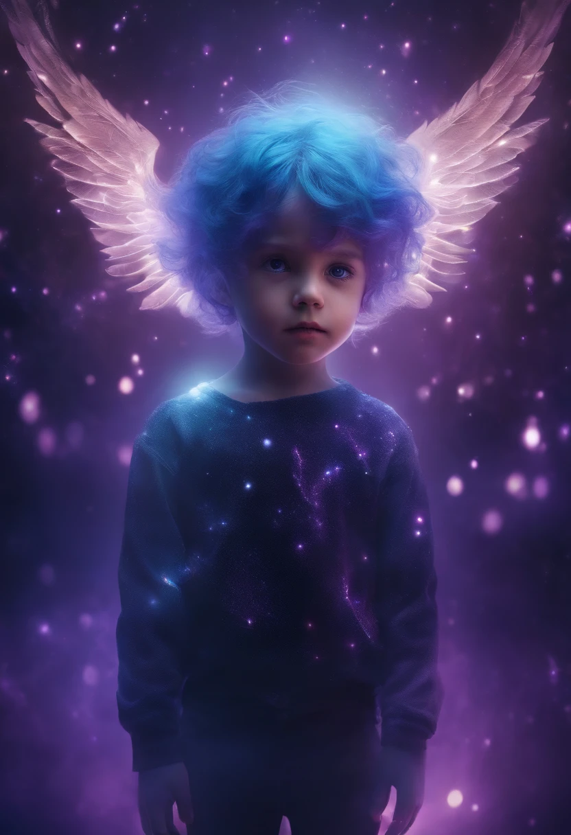  angel, glowing light eyes, Biomechanical, eerie, Creepy, nightmarish, Very bright colors, Light particles, with light glowing, Mshiff, wallpaper art, UHD wallpaper, purple hair, blue skin, Floating in another dimension