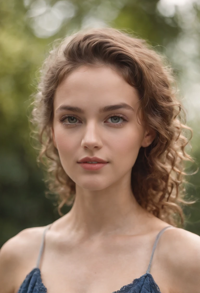 "Full portrait of a charming girl with curly hair, Petite figure, Buxom moyen, wet clothes, transpiration, moaning, beau visage, Des yeux bleus captivants, et taille modeste du buste, showcasing its natural beauty."
