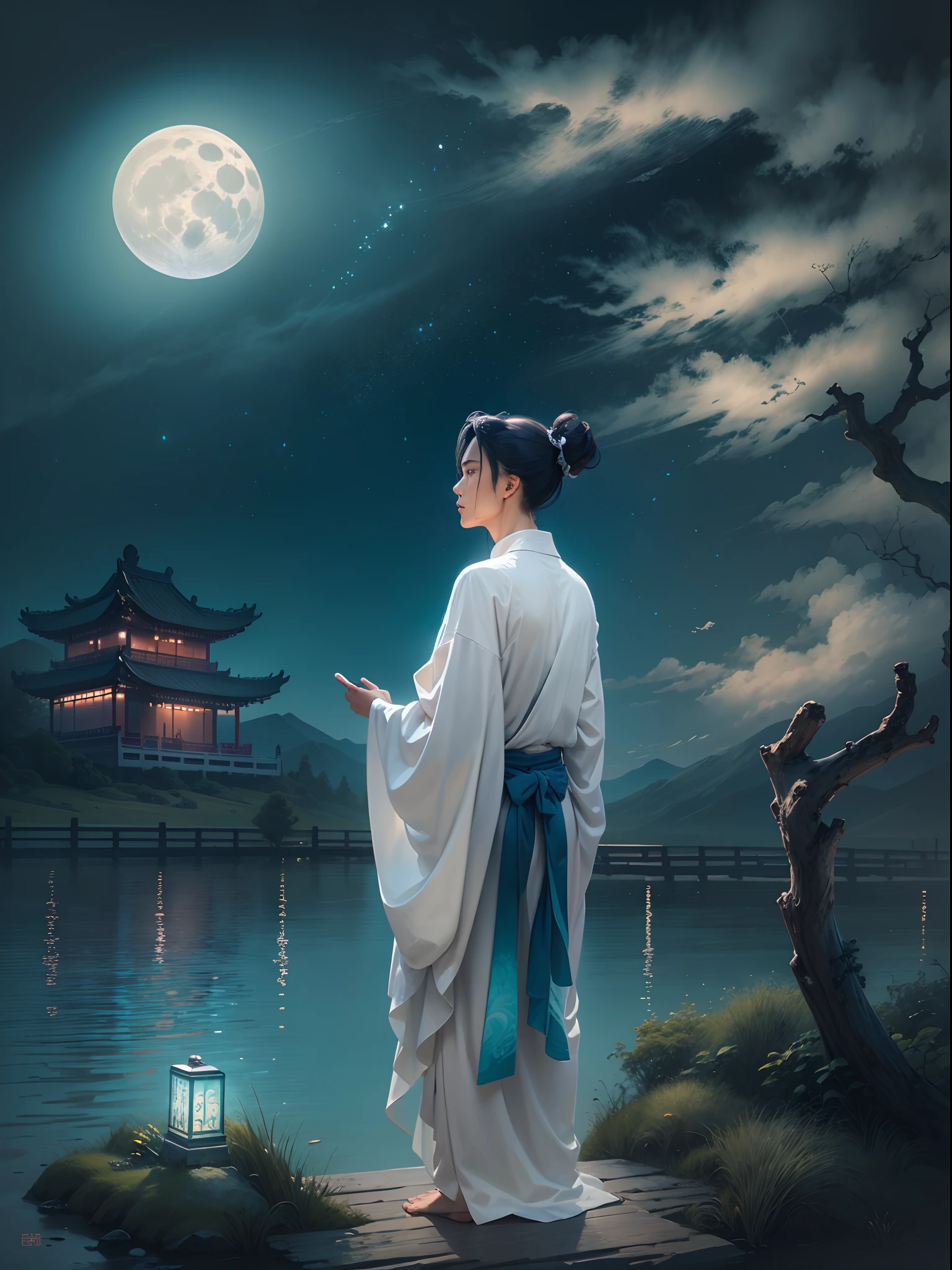 at night with moon light, A man in a robe stood, His back is to the audience, In a serene scene inspired by Chinese poetry. artwork of a, Created using oil painting techniques, It shows the beauty of traditional Chinese culture and the peaceful atmosphere of the moonlit night. The man's robe hangs elegantly, Grab your audience's attention. The moon in the sky shines brightly, casting a warm, Ethereal light all around. The scene showed the utmost attention to detail, Delicate brushstrokes and delicate textures, Make a masterpiece. The color palette is rich and evocative, The deep blue and pastel tones are reminiscent of traditional Chinese ink painting. The composition of the artwork highlights the silhouette of the man against the background of the moon, Emphasis on mystery and contemplation. Overall, The artwork conveys a sense of peace, spirituality, and the deep connection between nature and human nature depicted in ancient Chinese poetry. (Best quality, Ultra-detailed, A high resolution, Masterpiece:1.2), Traditional Chinese culture, Moonlit landscape, tranquil ambiance, Oil painting, Elegant robes, Complex brushstrokes, Fine texture, Ethereal moonshine, vivid palette, Inspired by ancient poetry.