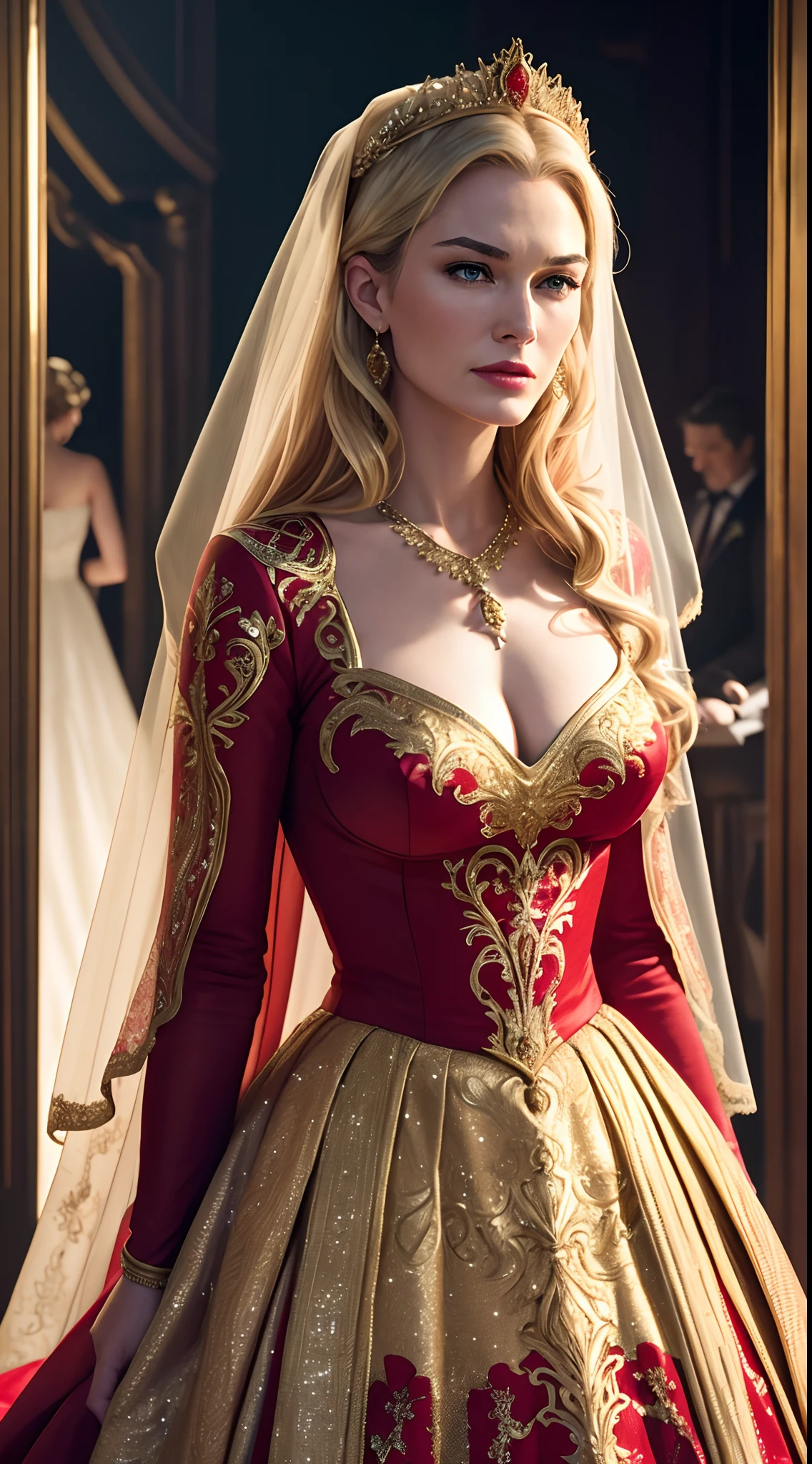 hyper real full-body photo of [Cersei Lannister|Lena Headey], (red-and-gold wedding dress:1.2), beautiful, sexy, 1girl, blond, make-up, red lips, realistic proportions, realistic pupils, limited palette, highres, absurdres, cinematic lighting, 8k resolution, front lit, HDR, sunrise, RAW photo, Nikon 85mm, Award Winning, Glamour Photograph, extremely detailed, mind-bending
