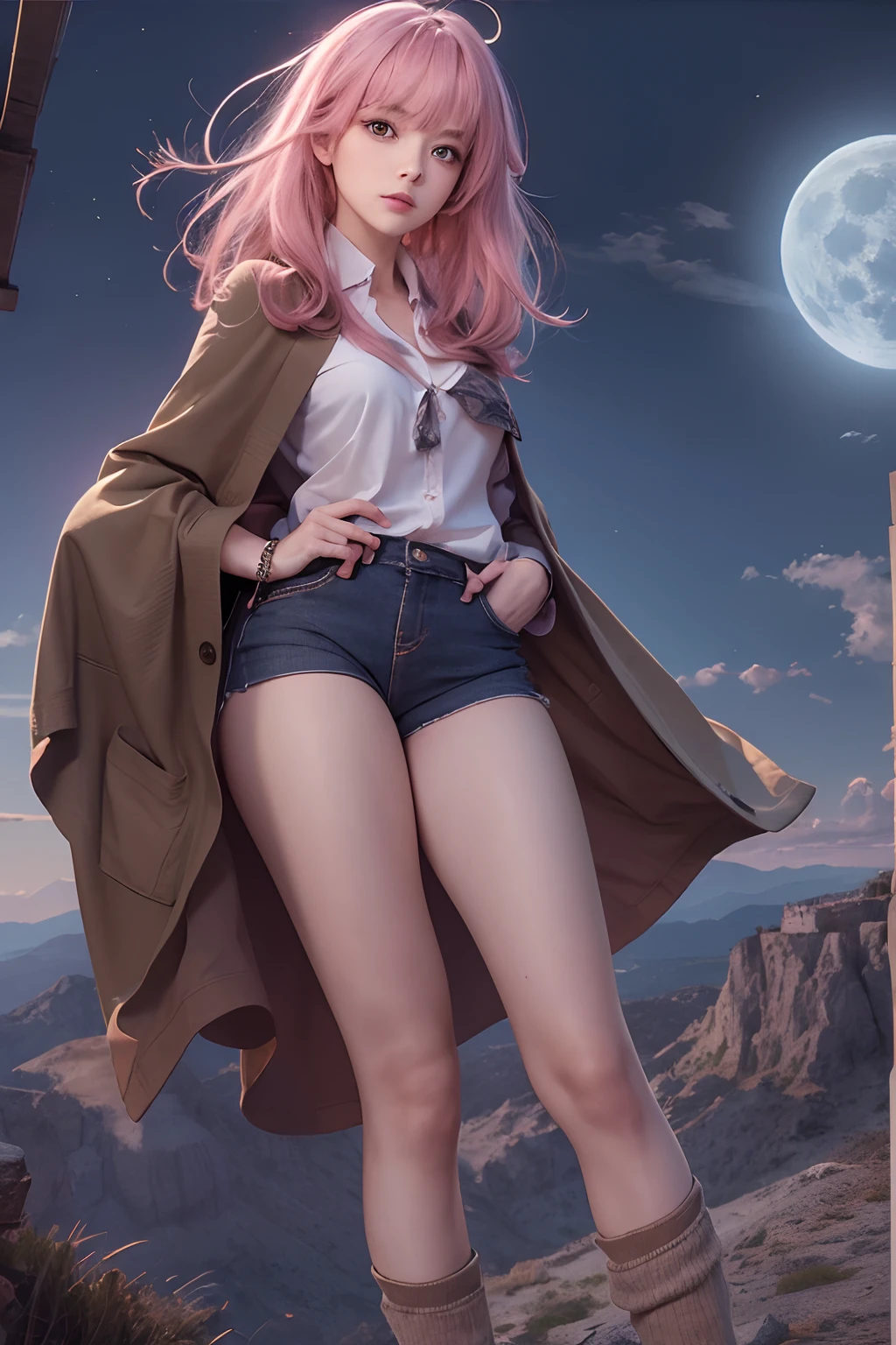 Masterpiece, Best quality, full_Moon, hilltop, Realistic, Real, Huge_filesize, the wallpaper, Girl, Medium hair, Pink hair, Disheveled hair, Beautiful detailed eyes, Medium breasts, shirt, Brown cardigan , Cape, Cardigan, Short shorts, thongs,