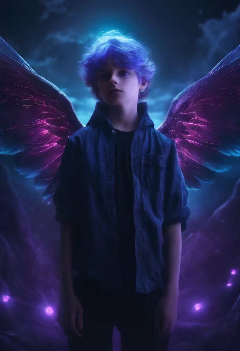 Handsome boy, blue hair, blue eyes, blue wings