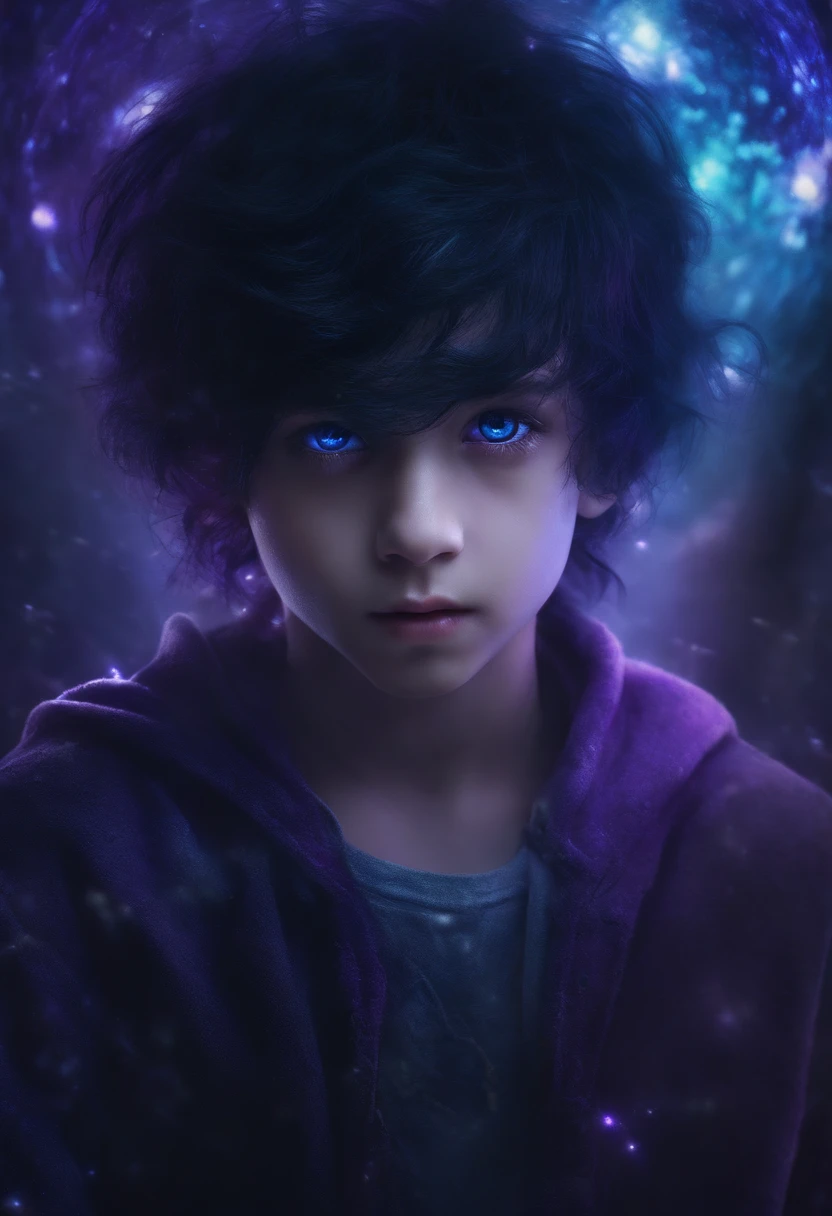 boy angel, glowing light eyes, Biomechanical, eerie, Creepy, nightmarish, Very bright colors, Light particles, with light glowing, Mshiff, wallpaper art, UHD wallpaper, purple hair, blue skin, Floating in another dimension