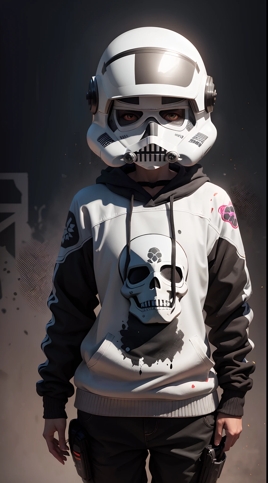 Storm Trooper helmet painted to look like a Day of the Dead sugar skull, helmet facing the viewer, splattered paint in the background, 8K rich colors, hyper realistic, lifelike texture, dramatice lighting --auto