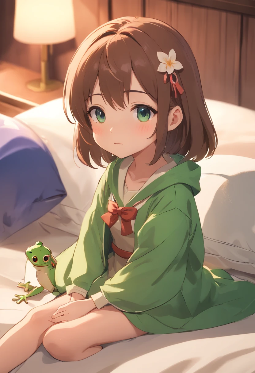 Frog girl on the bed、Frog print duvet、hight resolution、4K、8K images、Hold your head and worry,regrettable,Pop Mart Blind Box IP、100Close up portrait of cute knight doll of a person、Young One Angel Style、Wear longer, Dress fluently、Lop style、Poseline doll、Little people々々々々々々々々々々々々々々々々々々々々々々。Little people々々々々々々々々々々々々々々々々々々々々々々、unreal enginee 5、Light 3D/C4D production: 8K HD quality/illuminating/Ultra-fine lens description 1.5、flawless、Chibi Background/Cinematic。