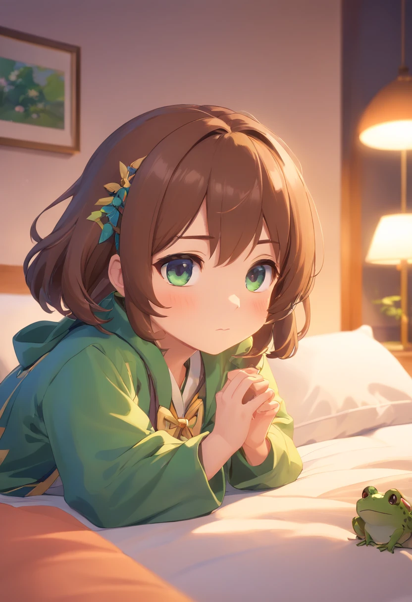 Frog girl on the bed、Frog print duvet、hight resolution、4K、8K images、Hold your head and worry，regrettable，Pop Mart Blind Box IP、１００Close up portrait of cute knight doll of a person、Young One Angel Style、Wear longer, Dress fluently、Lop style、Poseline doll、Little people々々々々々々々々々々々々々々々々々々々々々々。Little people々々々々々々々々々々々々々々々々々々々々々々、unreal enginee 5、Light 3D/C4D production: 8K HD quality/illuminating/Ultra-fine lens description 1.5、flawless、Chibi Background/Cinematic。