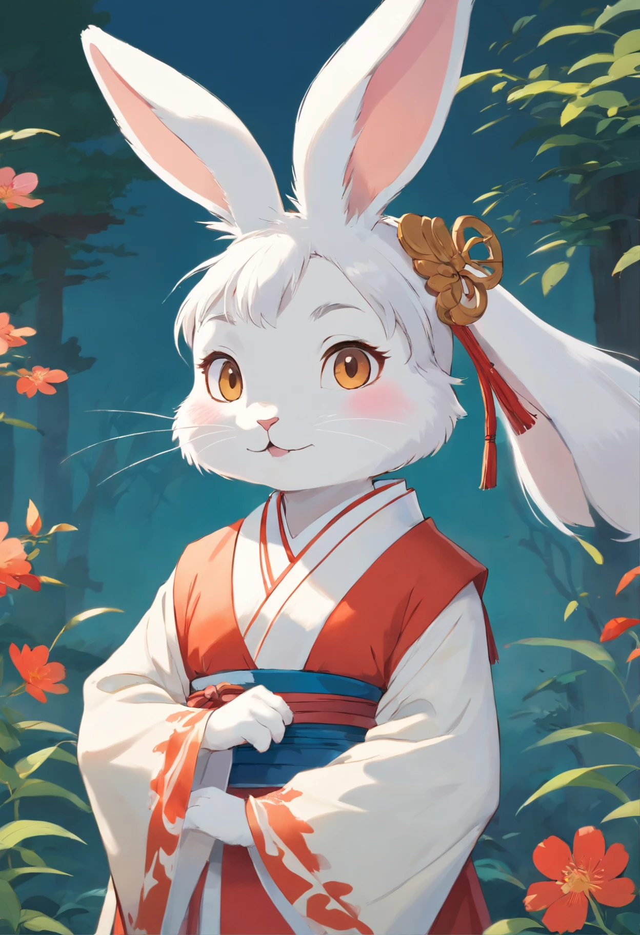 There is a rabbit，Chinese round fan in hand, Rabbit, A rabbit, White rabbit, Rabbit_Bunny,, anthropomorphic rabbit, the white rabbit, With a fan, Rabbit ears, Rabbit in Hanfu, Rabbit in Chinese costume, Rabbit in white Hanfu, Traditional Chinese clothing, with acient chinese clothes, full-body xianxia, Chinese style, Chinese costume, 8K))inspired by Kanbun Master, in style of hayao miyazaki, rabbit face only, studio ghibli filter, edgBunny_Character