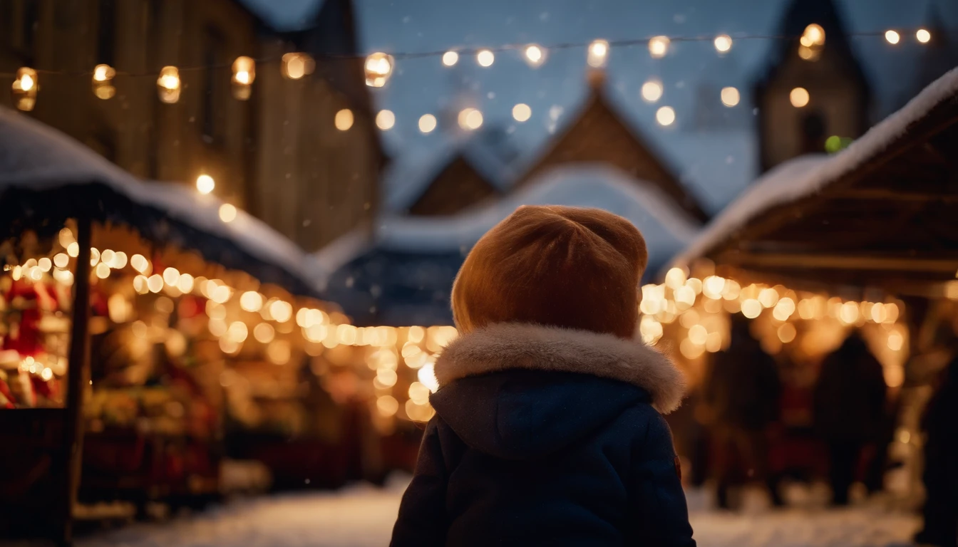 A ddler looking up at a christmas market in the city, winter season, christmas, lights, happy holidays