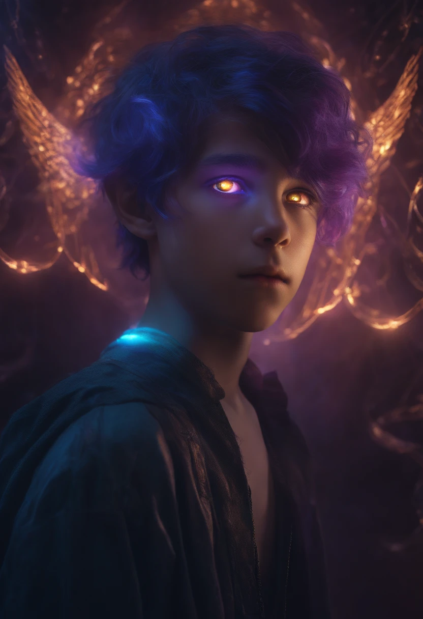 14 years old boy angel, glowing light eyes, Biomechanical, eerie, Creepy, nightmarish, Very bright colors, Light particles, with light glowing, Mshiff, wallpaper art, UHD wallpaper, purple hair, blue skin, Floating in another dimension