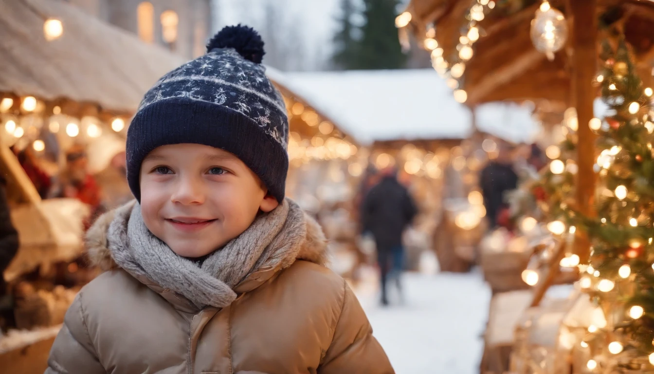 A smiling ********* at a Christmas market looking at christmas ornaments, christmas trees and lights, candles, white christmas snow happy holidays