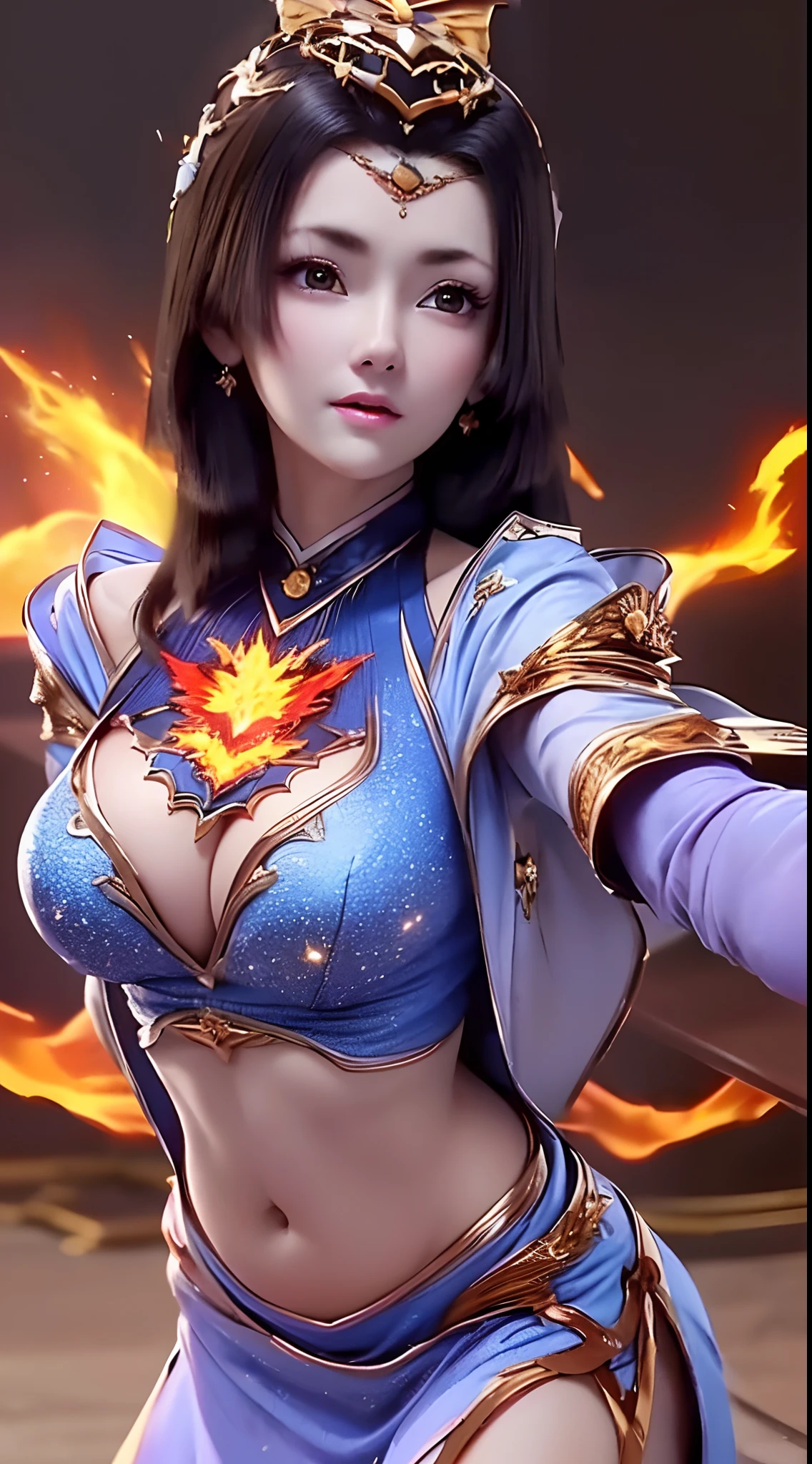 An extremely beautiful princess, ((wearing an ultra-thin red short nightgown:1.8)), nightgown with deep slit in the chest, sexy red lace short nightgown, ((supine position with chest up:1.5)), sexy nightgown style, long shiny black hair, the most beautiful and detailed hair jewelry, beautiful little face thin eyebrows, the most beautiful and spotless face, ((black iris:0.8)), the very beautiful eyes, big round eyes, ((Brown eyes:1.1)), fine and detailed makeup eyelashes, high nose, wearing earrings, small red lips, rosy face, clean face, beautiful face without blemish, smooth white skin, ((big breasts: 0.9)), Blums boobs, ((big and super round breasts:0.9)), ((super tight breasts:1.2)), ((breast augmentation: 0.8)), beautiful breasts, slim and petite body, ((thin waist: 0.9)), upper body of a beautiful girl, sexy girl, ((Open your legs: 1.6)), unashamed, ((chubby body:1.6)), ((blue fire effect:1.6)), 8k photo, super high quality, super realistic, 10x super pixels, photo realistic, dark studio, border light, two tone light, (detailed skin high: 1.2), 8k uhd, dslr, soft light, high quality, volumetric light, candid, Photo, high resolution, light, best photo, 4k quality, 8k, Bokeh, Smooth and sharp, pixel up 10 times, lightning, super graphics, the most realistic graphics, (((Luxurious bedroom and bed background: 1.6))), 1 girl, alone, solo, ((frontal portrait:1.5)), Extremely sharp, super realistic images."