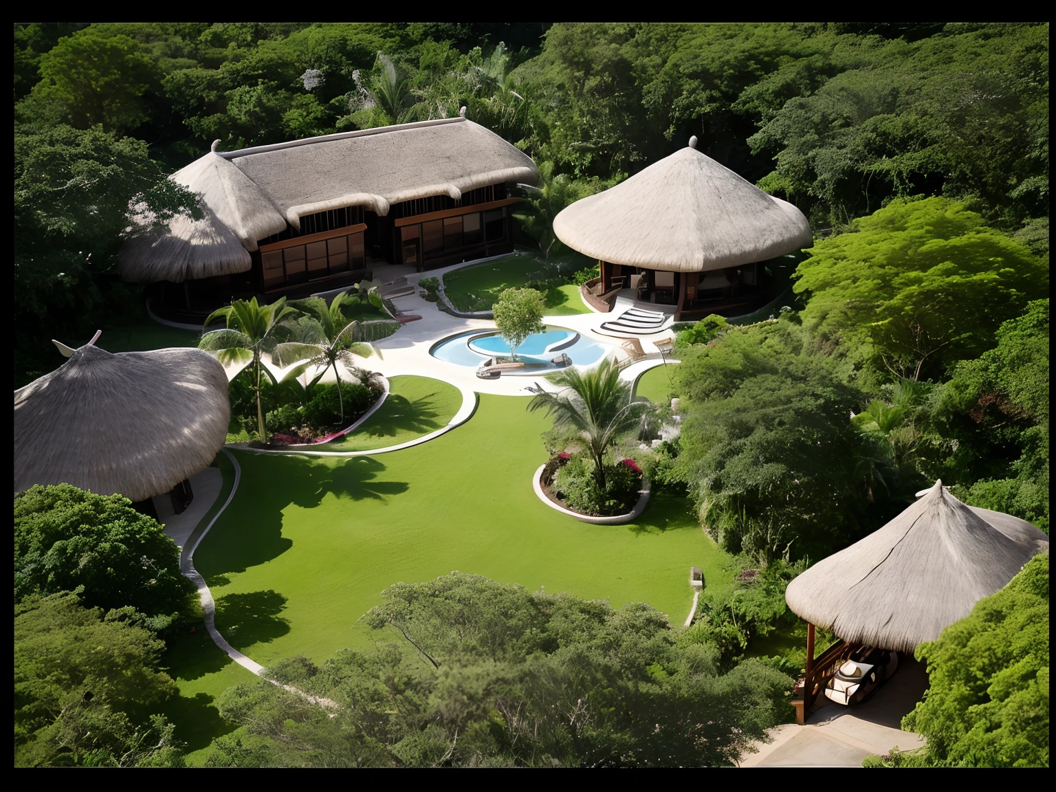 RAW photo, real, best quality, view from above looking down, land area 1 hectarem, a green park accounting for 50%, Tropical architecture, 1-storey building, thatched roof, curvy form, The overall perspective of the complex includes restaurants, homestay, bungalow, outdoor parking lot and car parked outside, project in the countryside, scale, very very very high details, beautiful nightsky, real sky