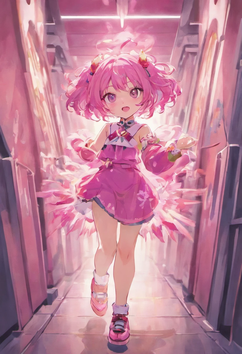 s girl,pink short hair,Smiling,Pink pupils,Wear pink earrings,Raise your left hand,Place the camera on your chest with your right hand,Wearing a pink dress,Long legs,Wear pink leg rings,Black heels,Tiptoe with your left foot,8k ultra high definition,super detailing,best qualityer,A high resolution,high qulity、detail-rich,Ultra HD details,highly accurate