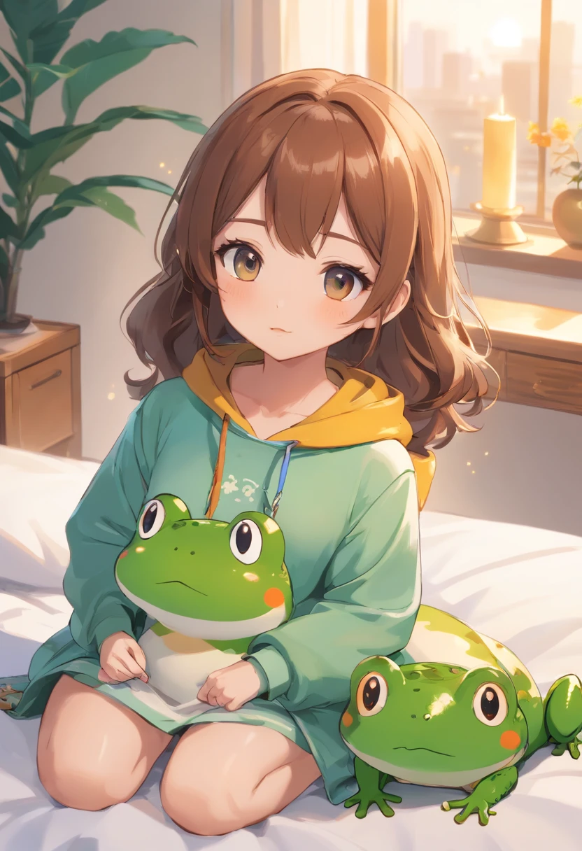 Frog hoodie girl on bed、Frog print duvet、hight resolution、4K、8K images、Hold your head and worry,regrettable,Pop Mart Blind Box IP、100Close up portrait of cute knight doll of a person、Young One Angel Style、Wear longer, Dress fluently、Lop style、Poseline doll、Little people々々々々々々々々々々々々々々々々々々々々々々々。Little people々々々々々々々々々々々々々々々々々々々々々々々、unreal enginee 5、Light 3D/C4D production: 8K HD quality/illuminating/Ultra-fine lens description 1.5、flawless、Chibi Background/Cinematic。