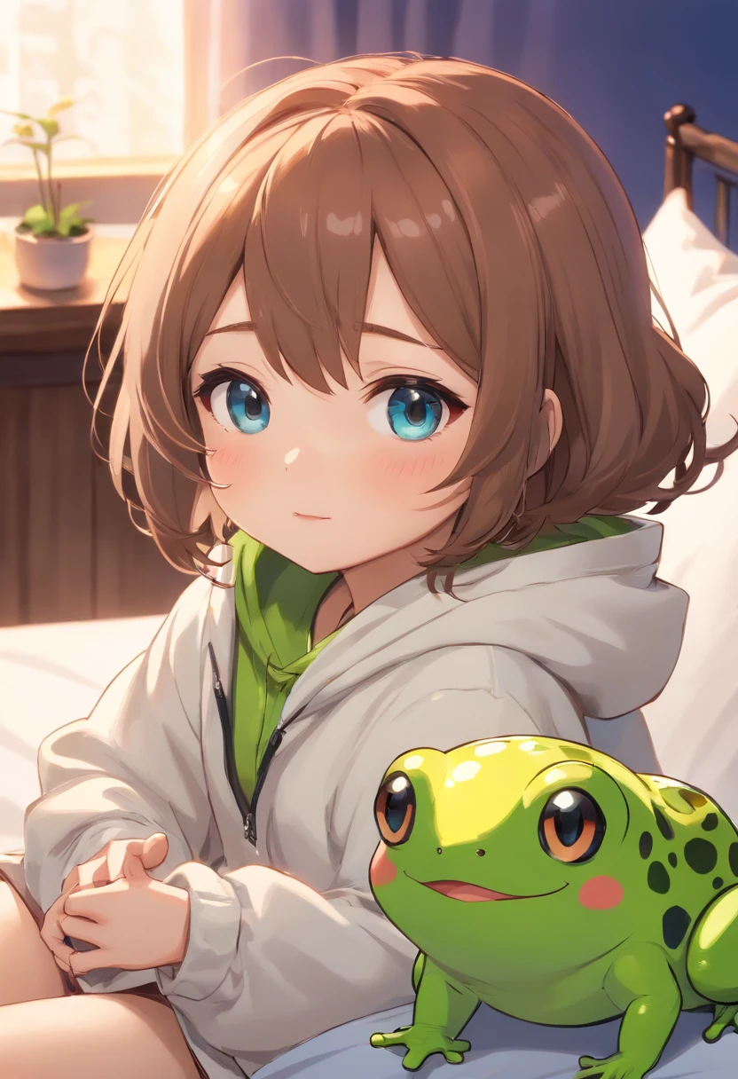 Frog hoodie girl on bed、Frog print duvet、hight resolution、4K、8K images、Hold your head and worry,regrettable,Pop Mart Blind Box IP、100Close up portrait of cute knight doll of a person、Young One Angel Style、Wear longer, Dress fluently、Lop style、Poseline doll、Little people々々々々々々々々々々々々々々々々々々々々々々々。Little people々々々々々々々々々々々々々々々々々々々々々々々、unreal enginee 5、Light 3D/C4D production: 8K HD quality/illuminating/Ultra-fine lens description 1.5、flawless、Chibi Background/Cinematic。