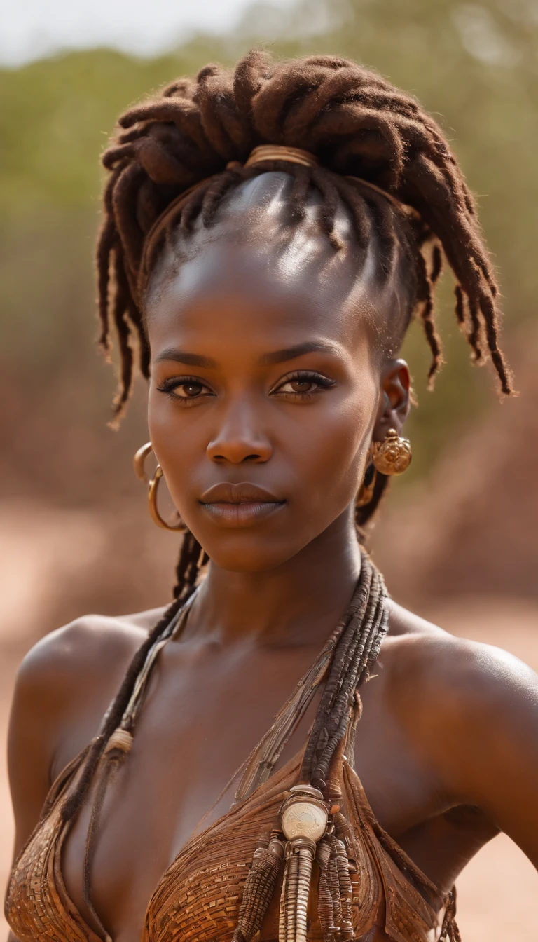 mulher com dreadlocks e um cocar colorido, estilo afrofuturismoo, afrofuturismo, Rainha africana, Princesa africana deslumbrante, Princesa negra africana, futurista himba adolescente, Afrofuturista, Futurista Himba Jovem Mulher, Princesa Africana, cosplay ornamentado, afrofuturista, pele escura deusa feminina do amor, mulher Himba futurista bonita, afrocentric mysticism