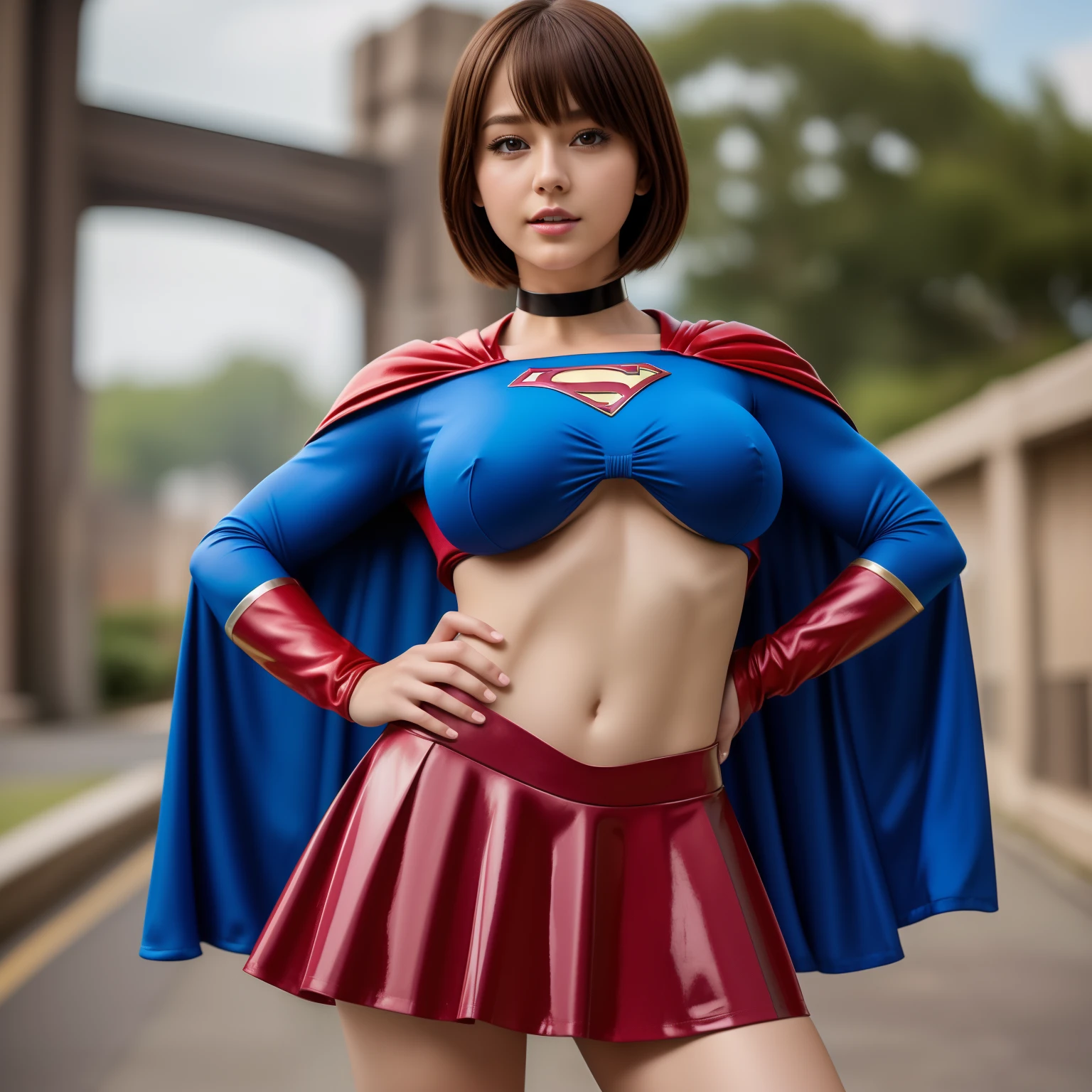 (Best Quality,4K,8K,hight resolution,masutepiece:1.2),Ultra-detailed,Realistic:1.37,Super masterpiece,Short-haired Supergirl、large full breasts、Looking at the camera、Glossy costume、a choker、Too short miniskirt、Fashion magazine cover、Special effect