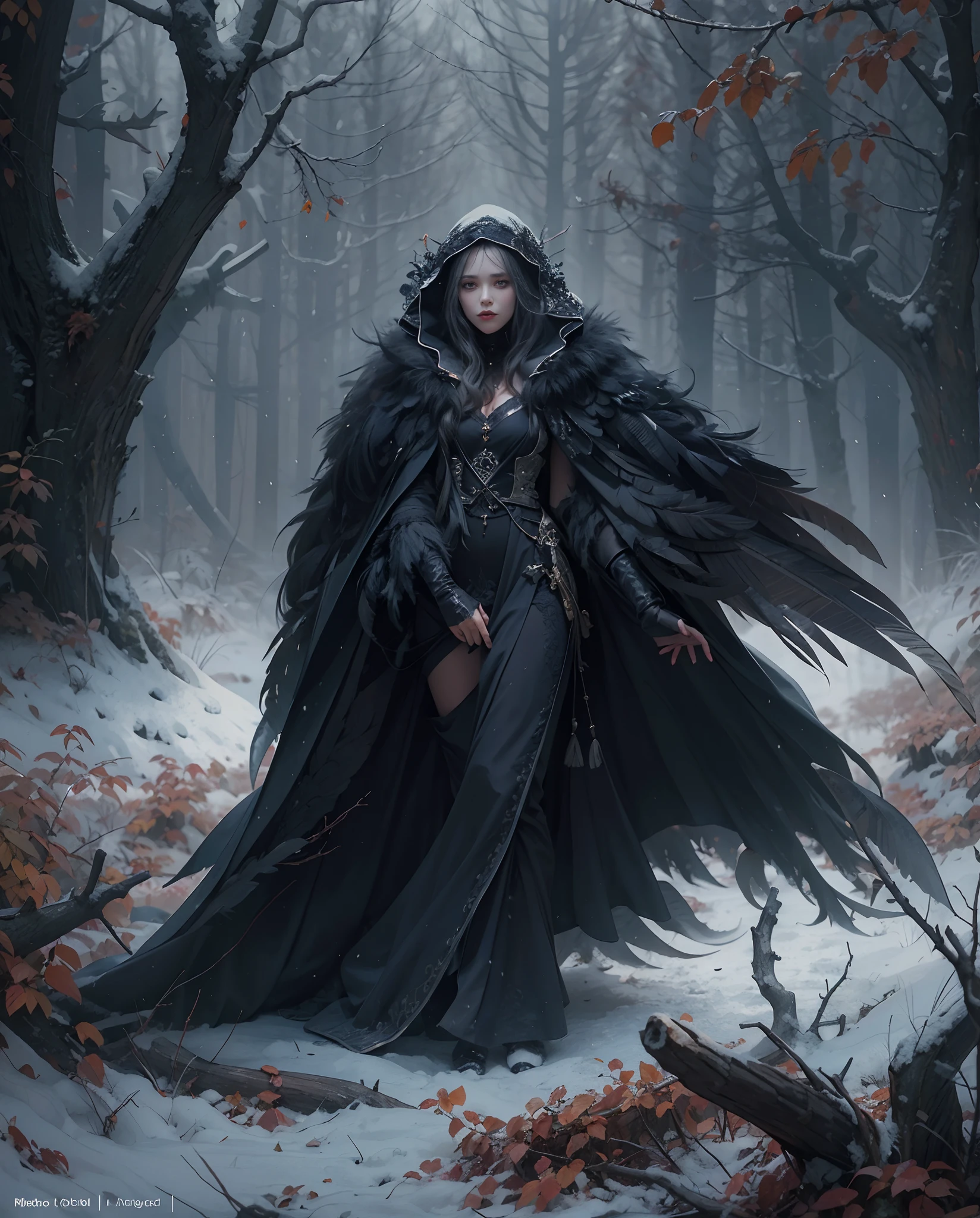 Best quality, masterpiece, meticulous detail, intricate detail, realistic, full body, a mystical winter lady with black feathers cloak in halloween, horror, dark fantasy, cinematic