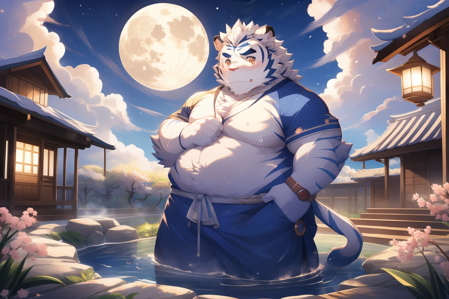 tmasterpiece,the night,anthropomorphic tiger,male people,26 year old,Thick eyebrows,Orange-yellow fur,Strong body,large pecs,bare full body,Pink milk clusters,white fundoshi, , medium bulge,soaked in the hot spring,teacup,open air,vale,vapour,sweat leggs,ssmile,Be red in the face,looking toward the viewer,Golden pupils,Strong,Solo,frontage,Full body photo,A huge full moon in the sky,Auspicious clouds,green plant,Lanterns