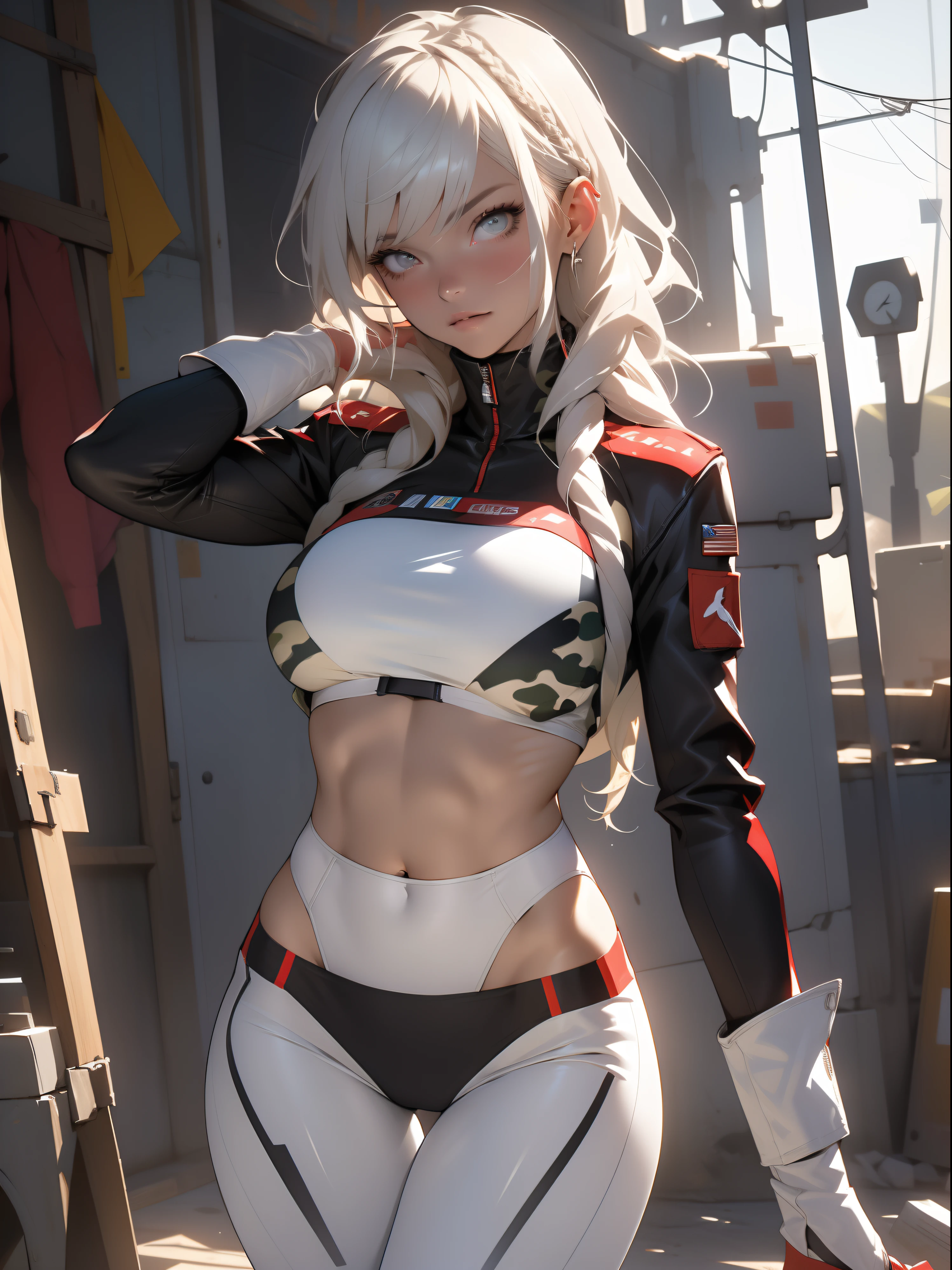 ((Best quality)), ((Masterpiece)), (Detailed: 1.4), (Absurde), A female fighter pilot ready for war in a military bikini, marin, dark skinned, slim body defined, corps entier, Cuisses nues, mouth closed, Cyberpunk, half-naked, generous neckline, ((Perfect huge breasts)), (Yeux bleu clair super clairs sans pupilles), (((Bikini camouflage militaire)), (((cheveux blancs avec tresse)))), longs cils maquillage lourd, porte-jarretelles, jumeler beaucoup, niji --V5, close to real, psychopathe, visage parfait, sexy pose, Background city, 2 piece clothes, , scale to suit dimensions, Hdr (High Dynamic Range),Ray Tracing, NVIDIA RTX,Super-Resolution,Unreal 5,Dispersion souterraine, PBR Texture, Post-traitement, Filtrage anisotrope, profondeur de champ, Maximum Clarity and Sharpness, Textures multicouches, Albedo and specular maps, Ombrage de surface, Accurate Simulation of Light-Material Interaction, Proportions parfaites, Rendu octane, two tone lighting, Grande ouverture, ISO faible, Balance des blancs, Rule of Thirds, 8K RAW, Crysisnanosuit Bikini, thigh gap, belles hanches, Cowboy-shot