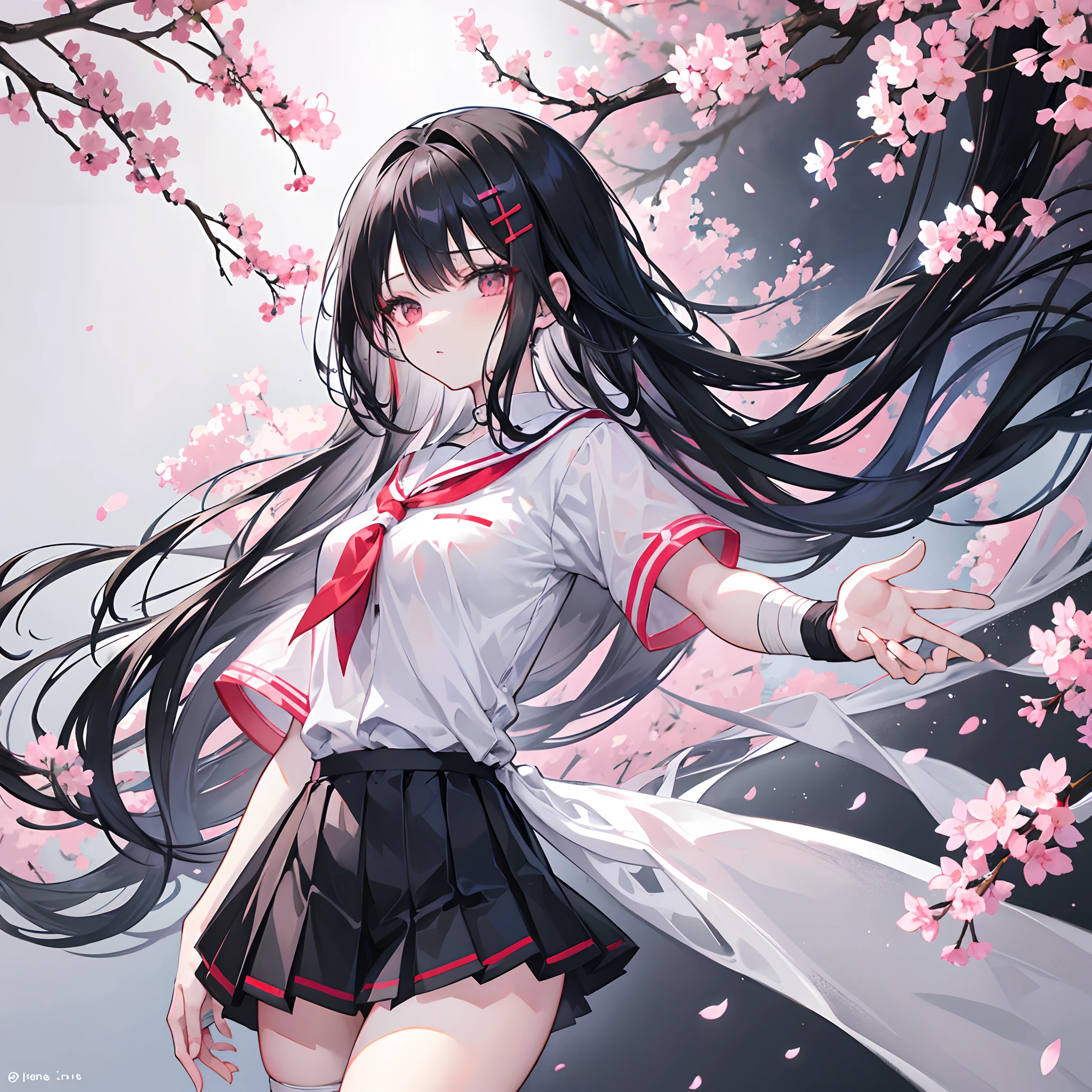 ,Two-dimensional anime wallpaper,Long pale black hair,,Cherry blossom hair accessories,girl,White short-sleeved tie-style school uniform,The arm is wrapped in a bandage,Light gray miniskirt,Black panty,Bandages wrapped around his head,Medium build,The hair is somewhat messy,With a dull expression