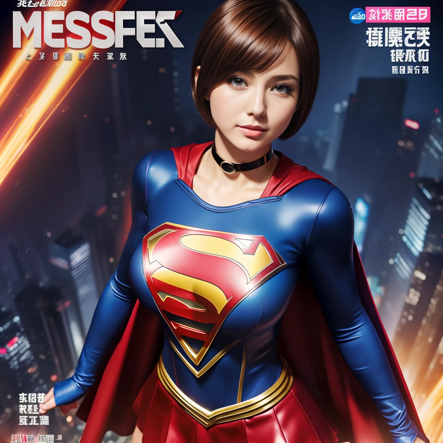 (Best Quality,4K,8K,hight resolution,masutepiece:1.2),Ultra-detailed,Realistic:1.37,Super masterpiece,Short-haired Supergirl、large full breasts、Looking at the camera、Glossy costume、a choker、Too short miniskirt、Fashion magazine cover、Flashy special effects