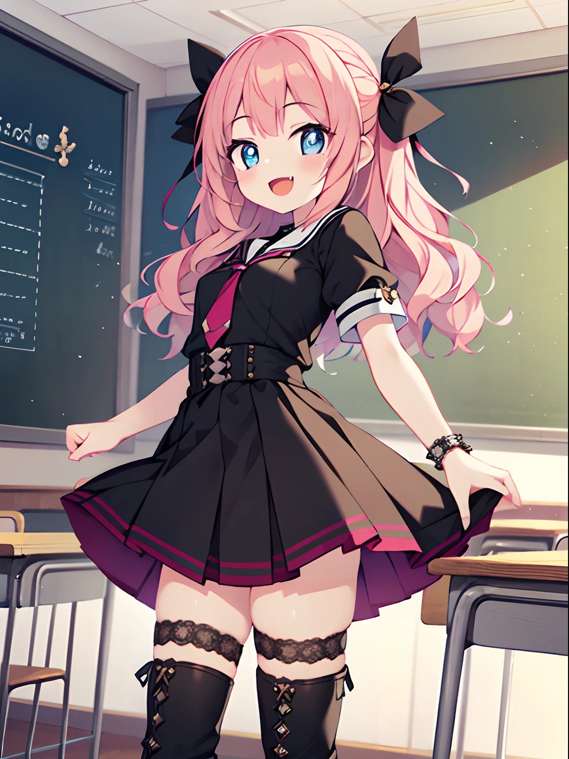 Highly detailed and realistic CG, Colorful, Masterpiece, Best Quality, magnificent, jewel-like eyes, 1girl, solo, li, pee, cute girl, pink hair, wavy hair, gothic school uniform, black clothes, smile, standing, hand on hair, gothic ribbon, ribbon tie, classroom, small breasts, open mouth, fangs, miniskirt, gothic boots, from front, dutch angle,