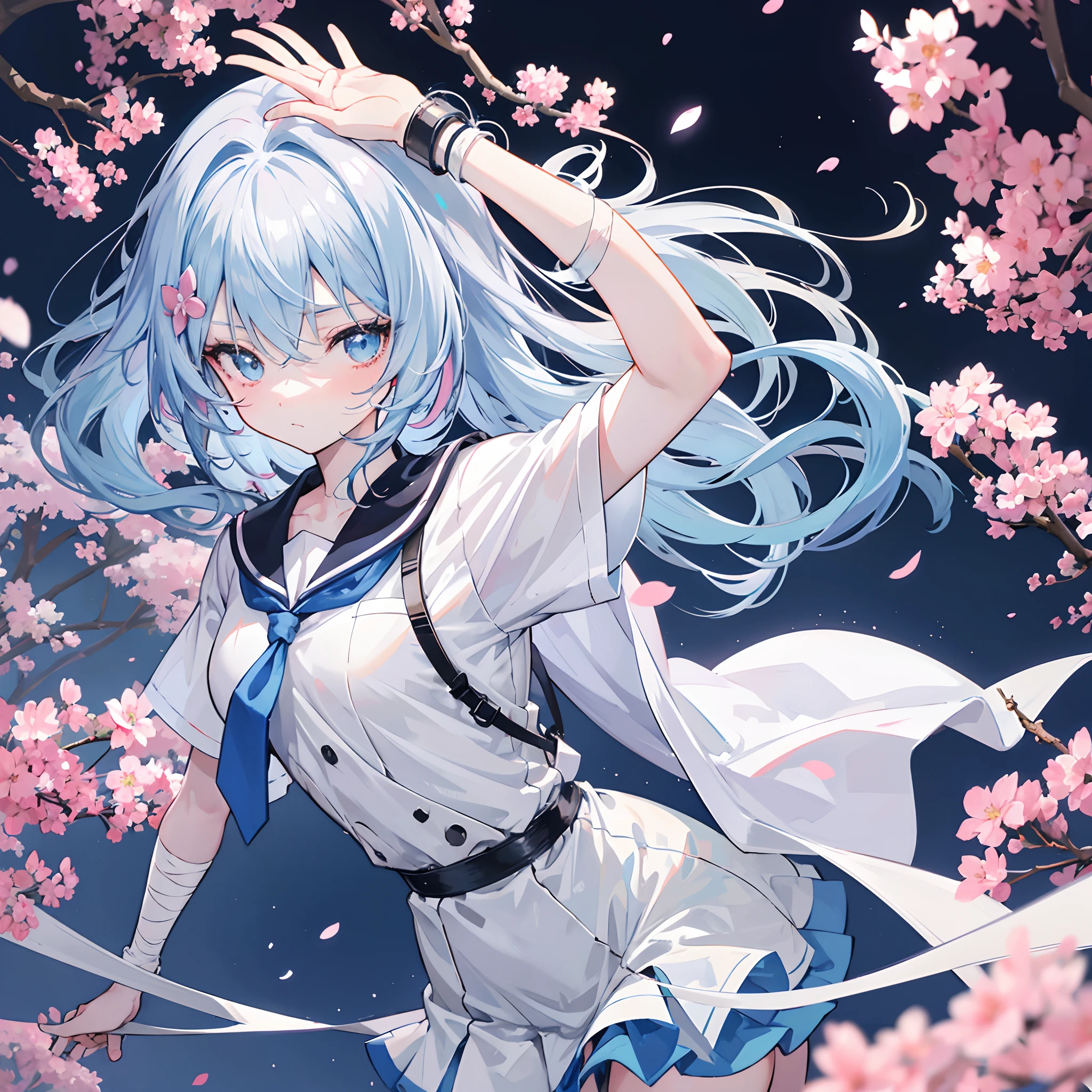 ,Two-dimensional anime wallpaper,long baby blue hair,,Cherry blossom hair accessories,girl,White short-sleeved tie-style school uniform,The arm is wrapped in a bandage,Light gray miniskirt,Black panty,Bandages wrapped around his head,Medium build,The hair is somewhat messy,With a dull expression