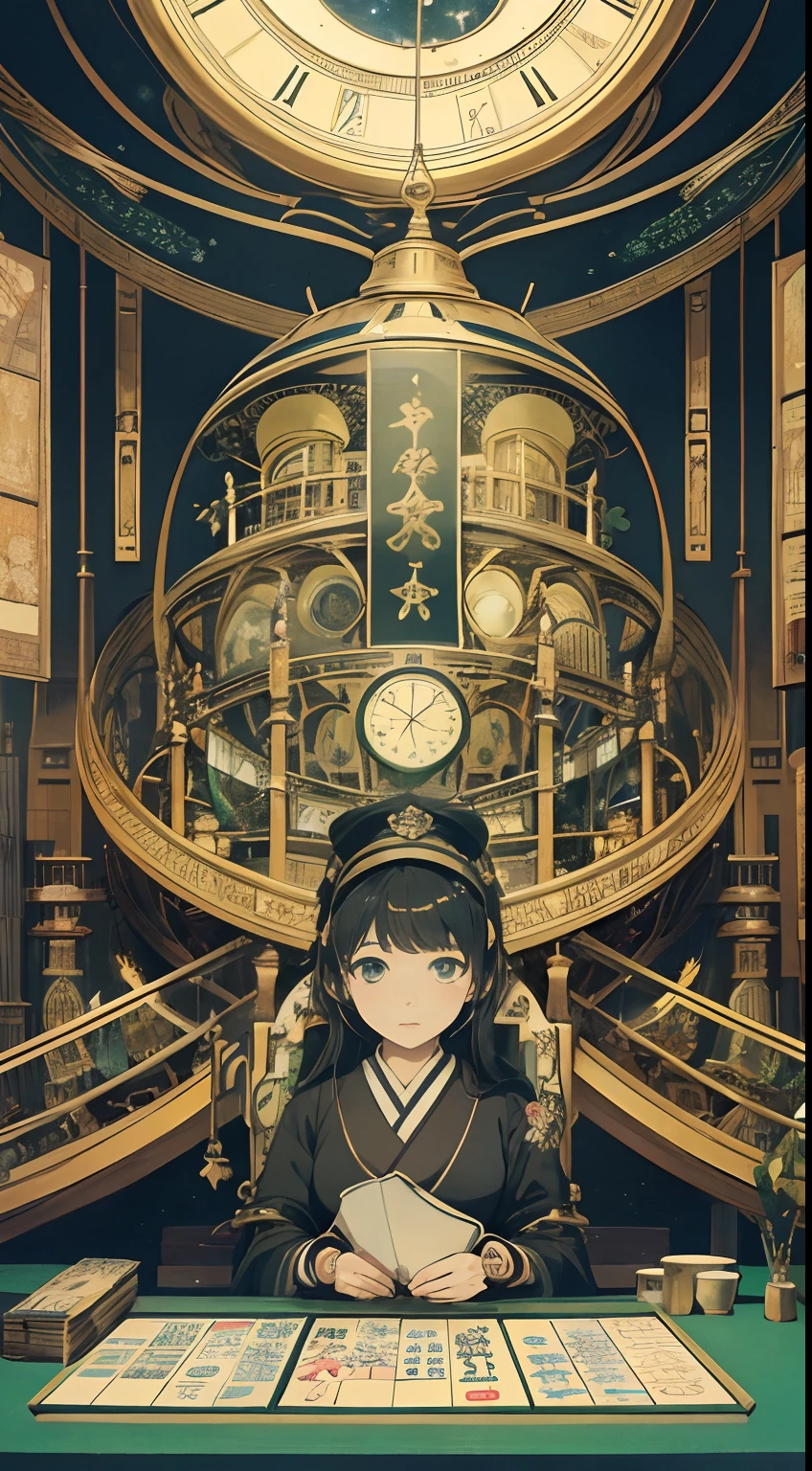 Kate Greenaway, Japanese anime, surreal mysterious strange bizarre fantasy sci-fi fantastic, contraption, clock, astronomy, mahjong, detailed, high resolution high definition high quality masterpiece