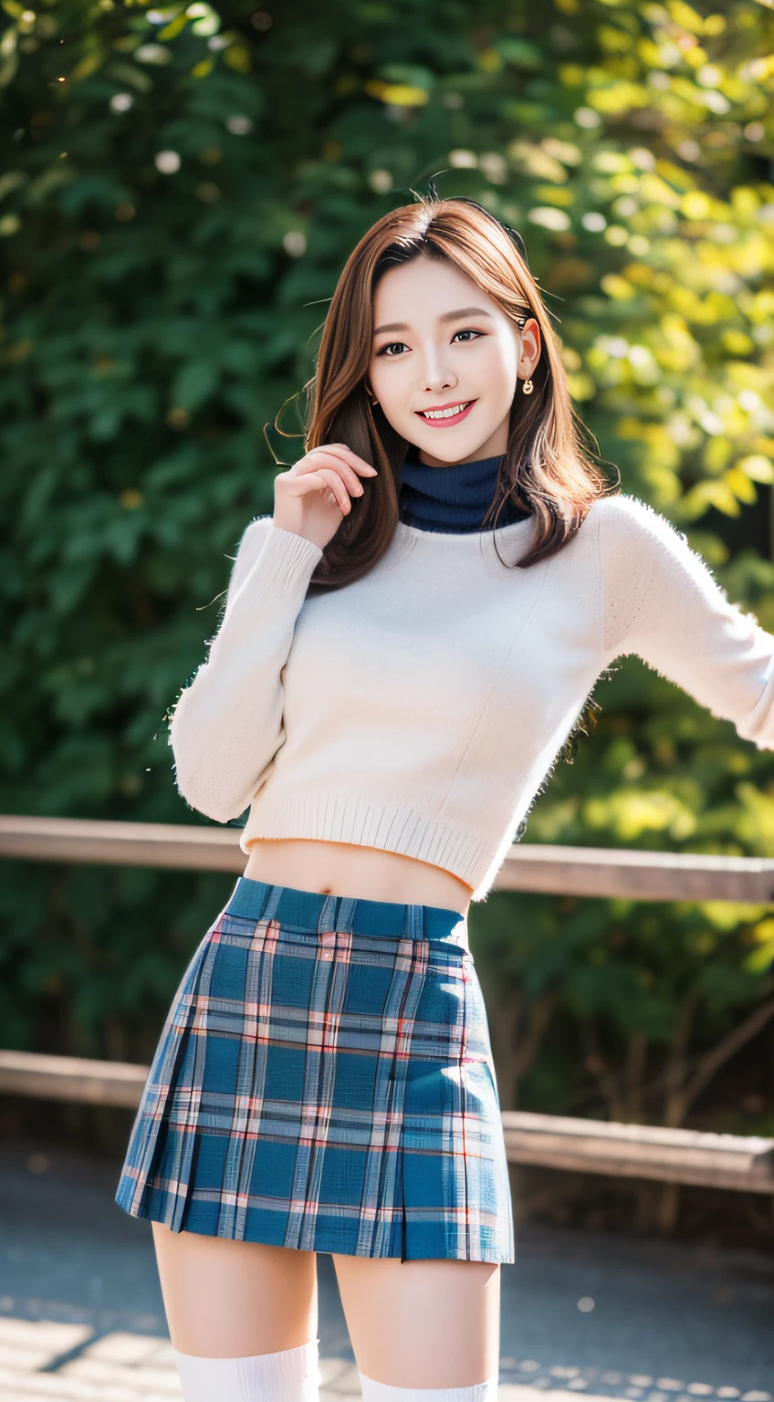 (best qualtiy,8K,tmasterpiece:1.3),(sharp fokus:1.2),(one-girl:1.2),(perfect body figure:1.4),(Slim abs:1.1),ssmile,rays of sunshine,Fine face,beautidful eyes,Straight legs,parks,knitwear,Plaid skirts,over knee socks