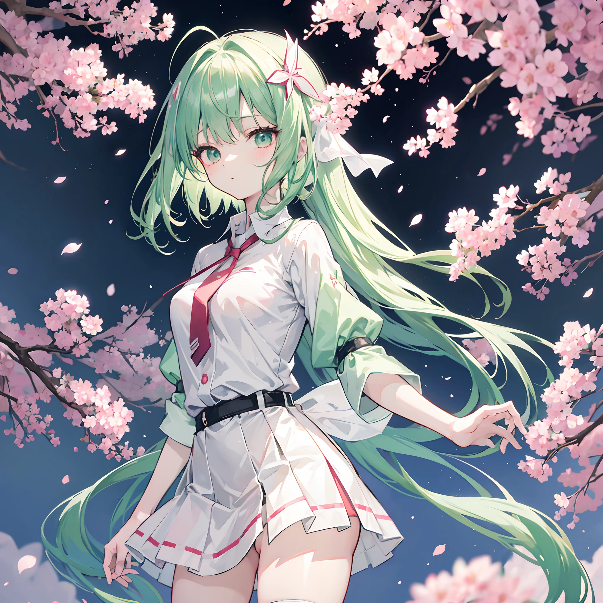 ,Two-dimensional anime wallpaper,Long pale green hair,,Cherry blossom hair accessories,girl,White short-sleeved tie-style school uniform,The arm is wrapped in a bandage,Light gray miniskirt,Black panty,Bandages wrapped around his head,Medium build,The hair is somewhat messy,With a dull expression
