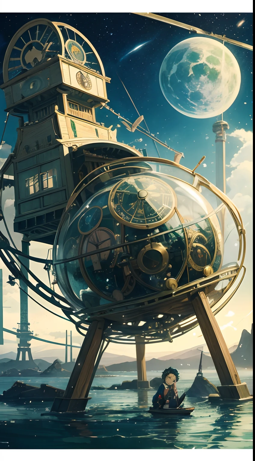 Kate Greenaway, Japanese anime, surreal mysterious strange bizarre fantasy sci-fi fantastic, contraption, clock, astronomy, mahjong, detailed, high resolution high definition high quality masterpiece