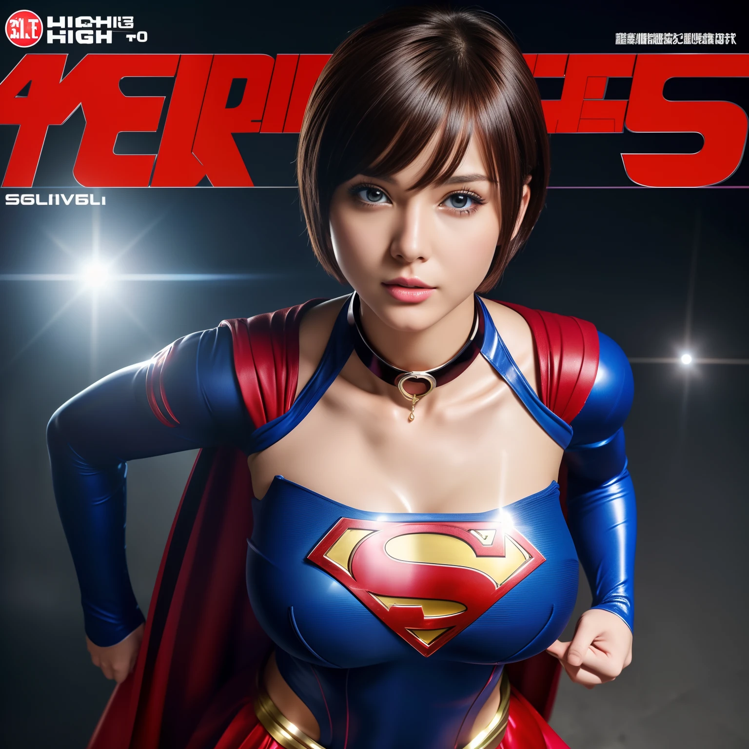 masterpiece、Shorthair Supergirl、big and full breasts、look at the camera、shiny costume、choker、red mini skirt、long sleeve、Navel exposure、Like a magazine cover、Cheerful pose