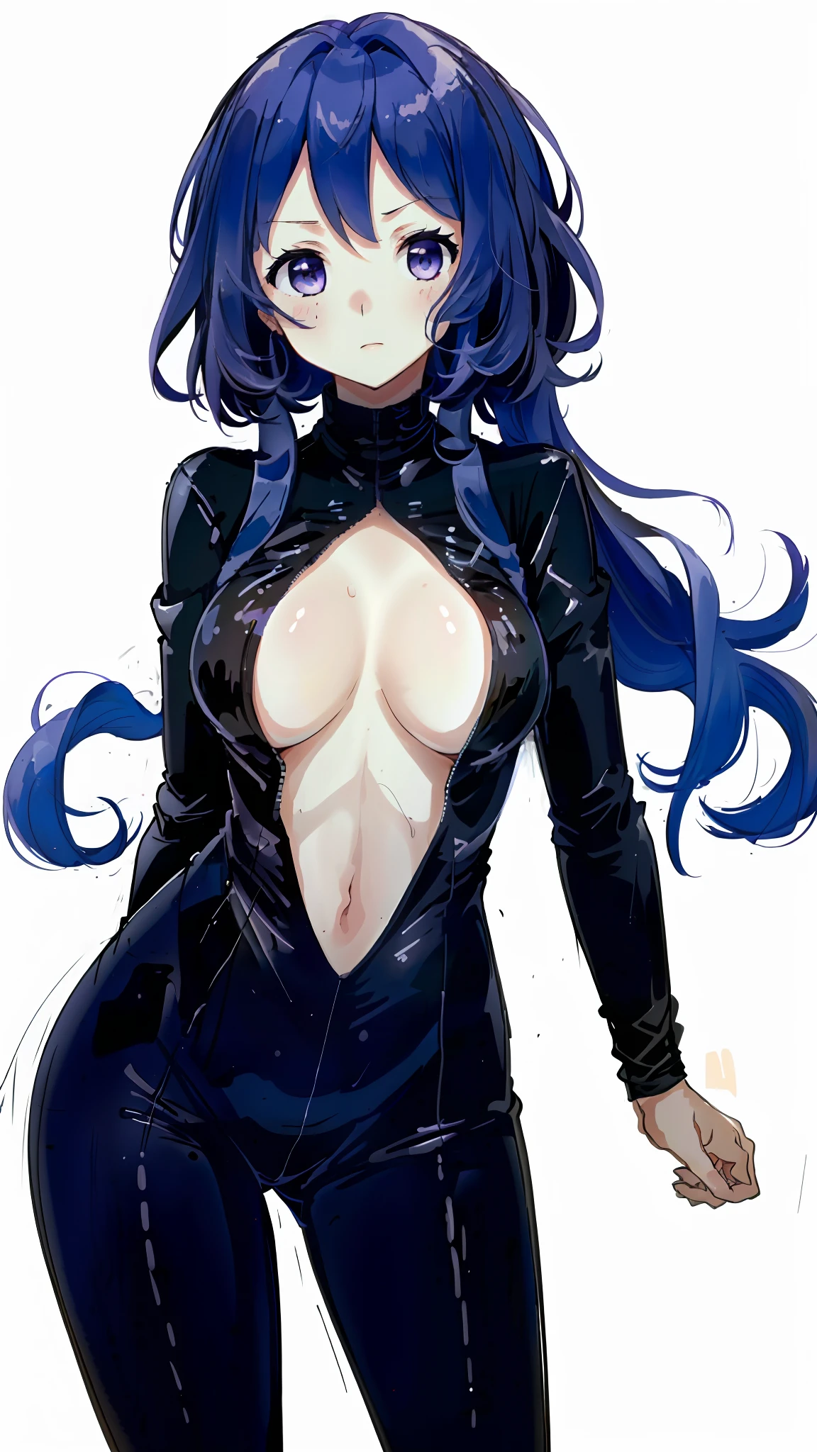 ((((masterpiece, best quality, high resolution)))), latex bikesuit, (1girl:1.5), (large breasts: 1.2), solo, cleavage, white hair, bob cut, purple eyes, looking at viewer, white background, simple background, arms behind back, cowboy shot, white hair, bob cut, full-length zipper, open clothes, open chest