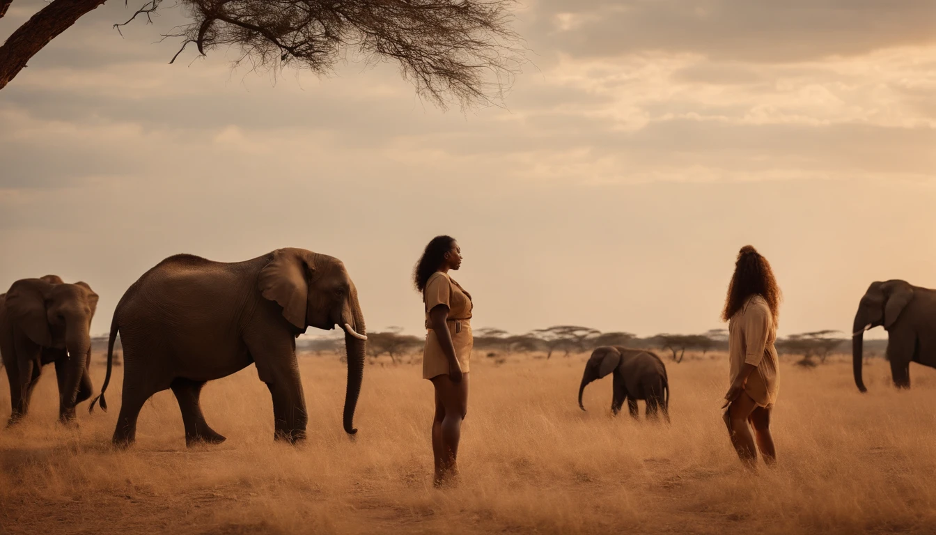 mixed race women on safari looking at elephants a far