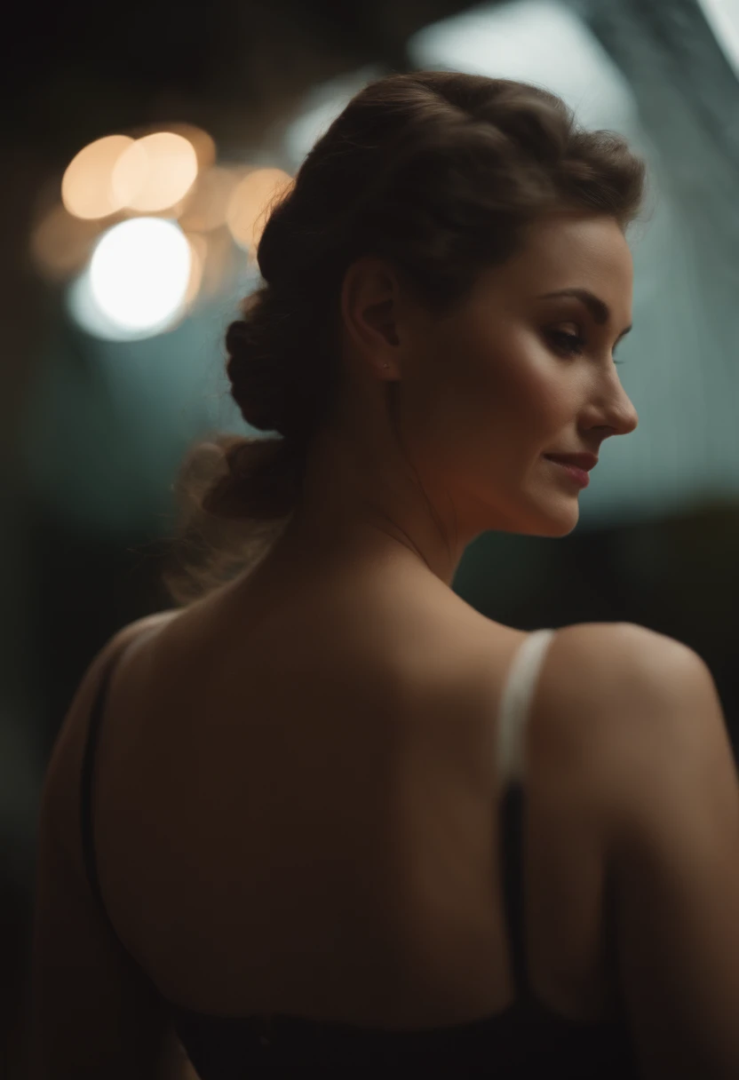 Thick brunette woman, short wavy hair, extra pale skin, freckles, dramatic lighting with shadows, seen from behind 