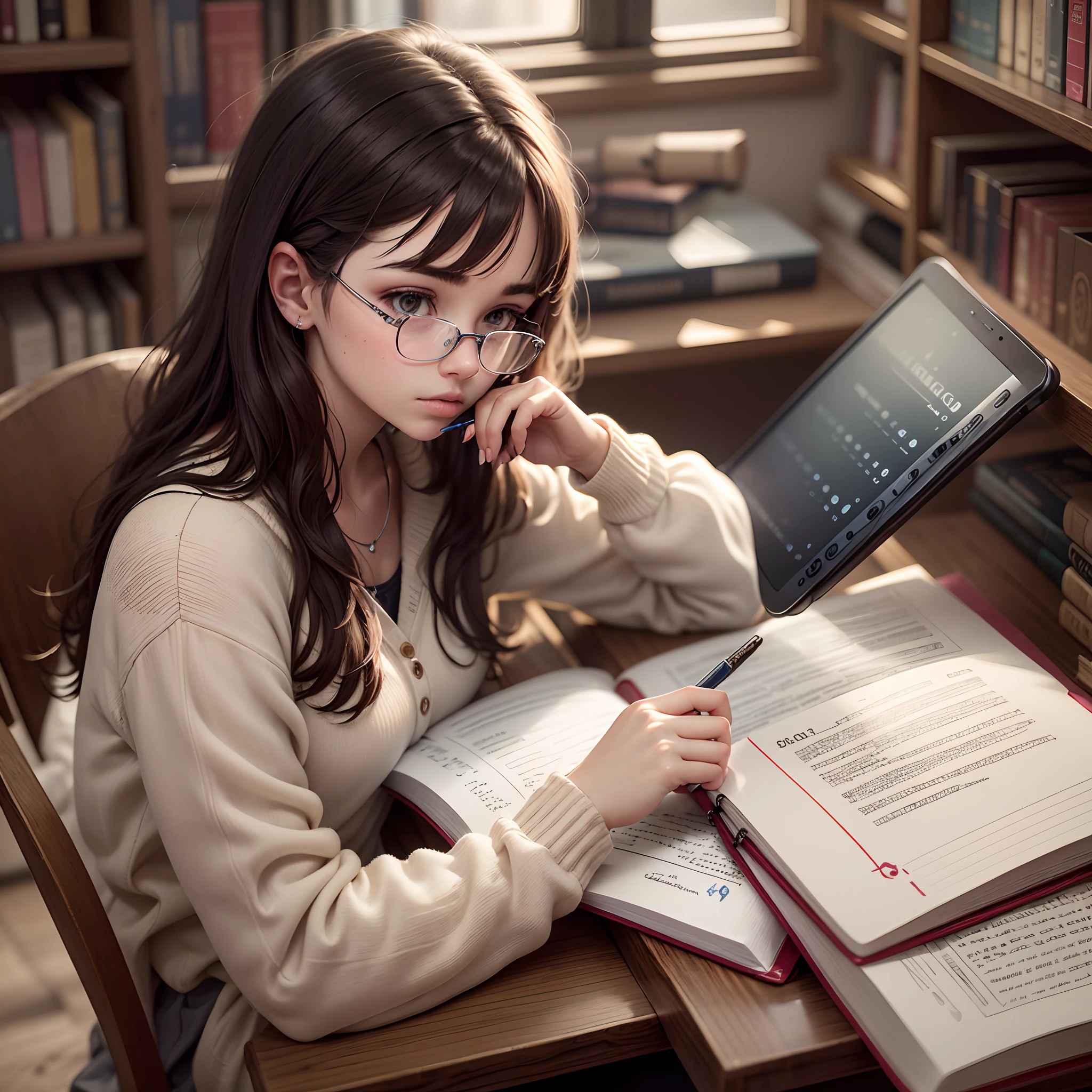 Generate a photorealistic image of a 22-year-old university student girl engrossed in her studies, with her hand holding a pen poised above a notebook, seated at a wooden desk in a well-lit library filled with the ambiance of academia, capturing the dedication and concentration of a young scholar in intricate detail. --auto --s2