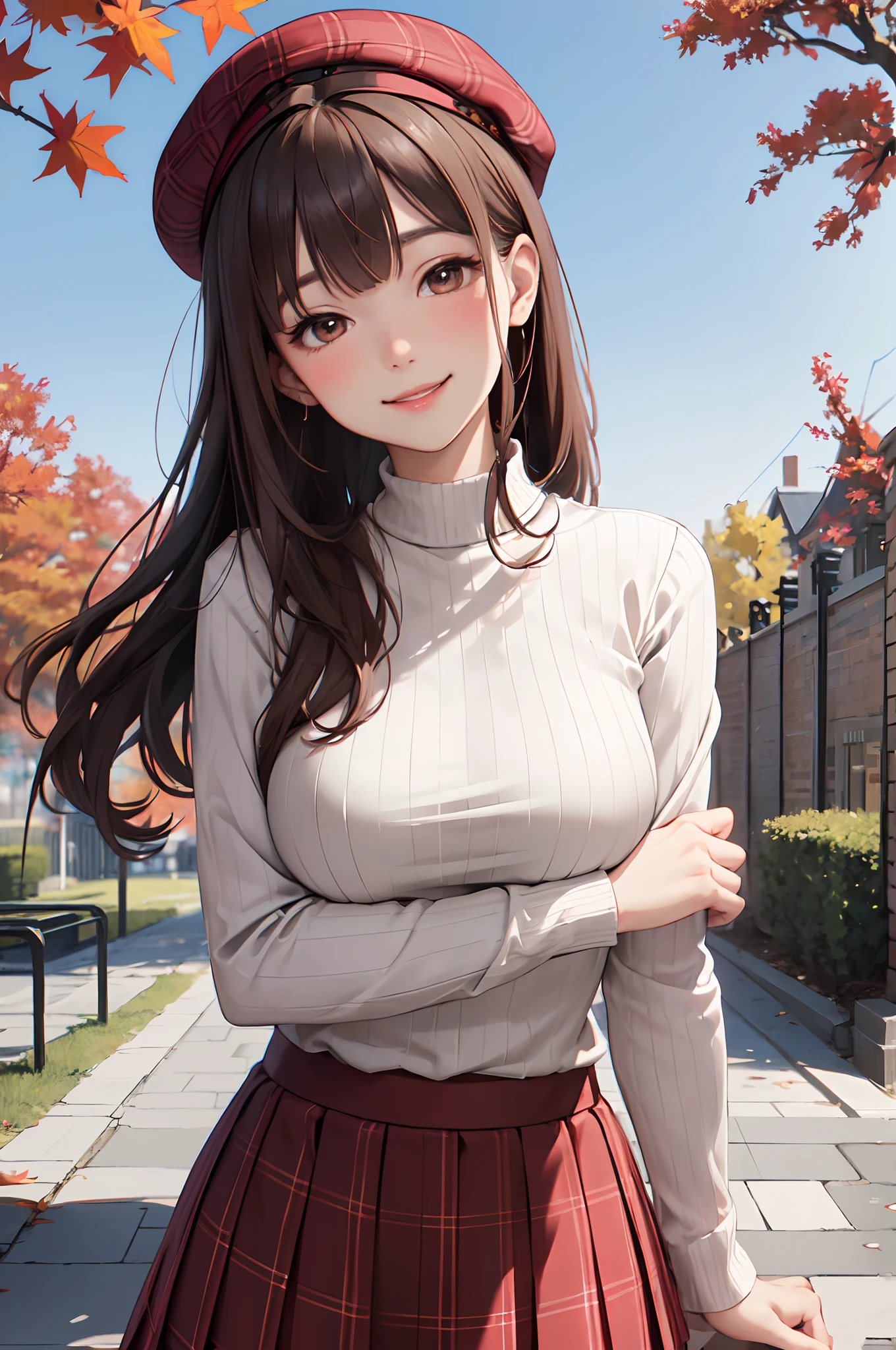 1lady standing, mature female, /(ribbed shirt/) /(red plaid skirt/) beret, /(brown hair/) bangs, blush kind smile, (masterpiece best quality:1.2) delicate illustration ultra-detailed, large breasts, arms down BREAK /(pubric park outdoors/) bricks road, autumn foliage trees, detailed background