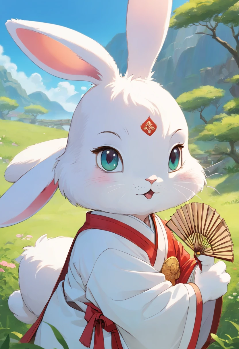 There is a rabbit,Chinese round fan in hand, Rabbit, A rabbit, White rabbit, Rabbit_Bunny,, anthropomorphic rabbit, the white rabbit, With a fan, Rabbit ears, Rabbit in Hanfu, Rabbit in Chinese costume, Rabbit in white hanfu, Traditional Chinese clothing, with acient chinese clothes, full-body xianxia, Chinese style, Chinese costume, 8K))inspired by Kanbun Master, in style of hayao miyazaki, rabbit face only, studio ghibli filter, edgBunny_Character