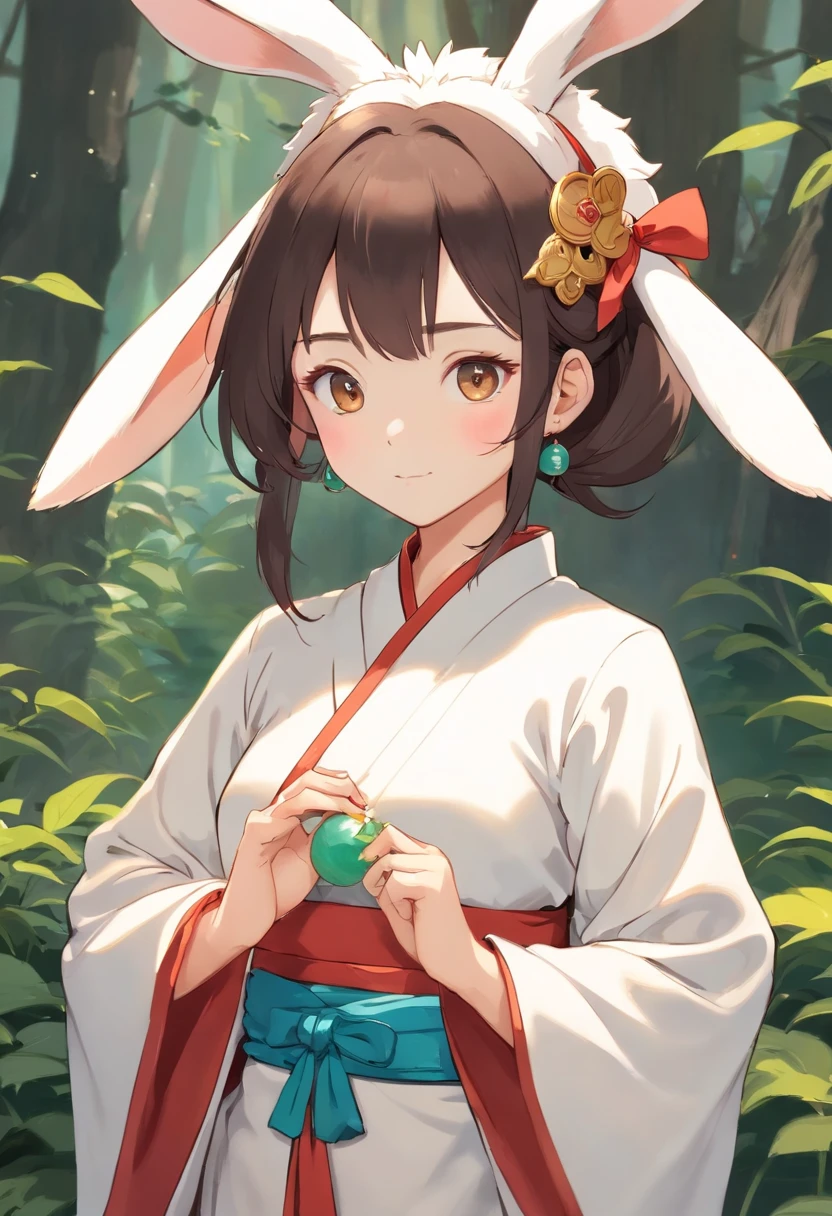 There is a rabbit，Chinese round fan in hand, Rabbit, A rabbit, White rabbit, Rabbit_Bunny,, anthropomorphic rabbit, the white rabbit, With a fan, Rabbit ears, Rabbit in Hanfu, Rabbit in Chinese costume, Rabbit in white hanfu, Traditional Chinese clothing, with acient chinese clothes, full-body xianxia, Chinese style, Chinese costume, 8K))inspired by Kanbun Master, in style of hayao miyazaki, rabbit face only, studio ghibli filter, edgBunny_Character