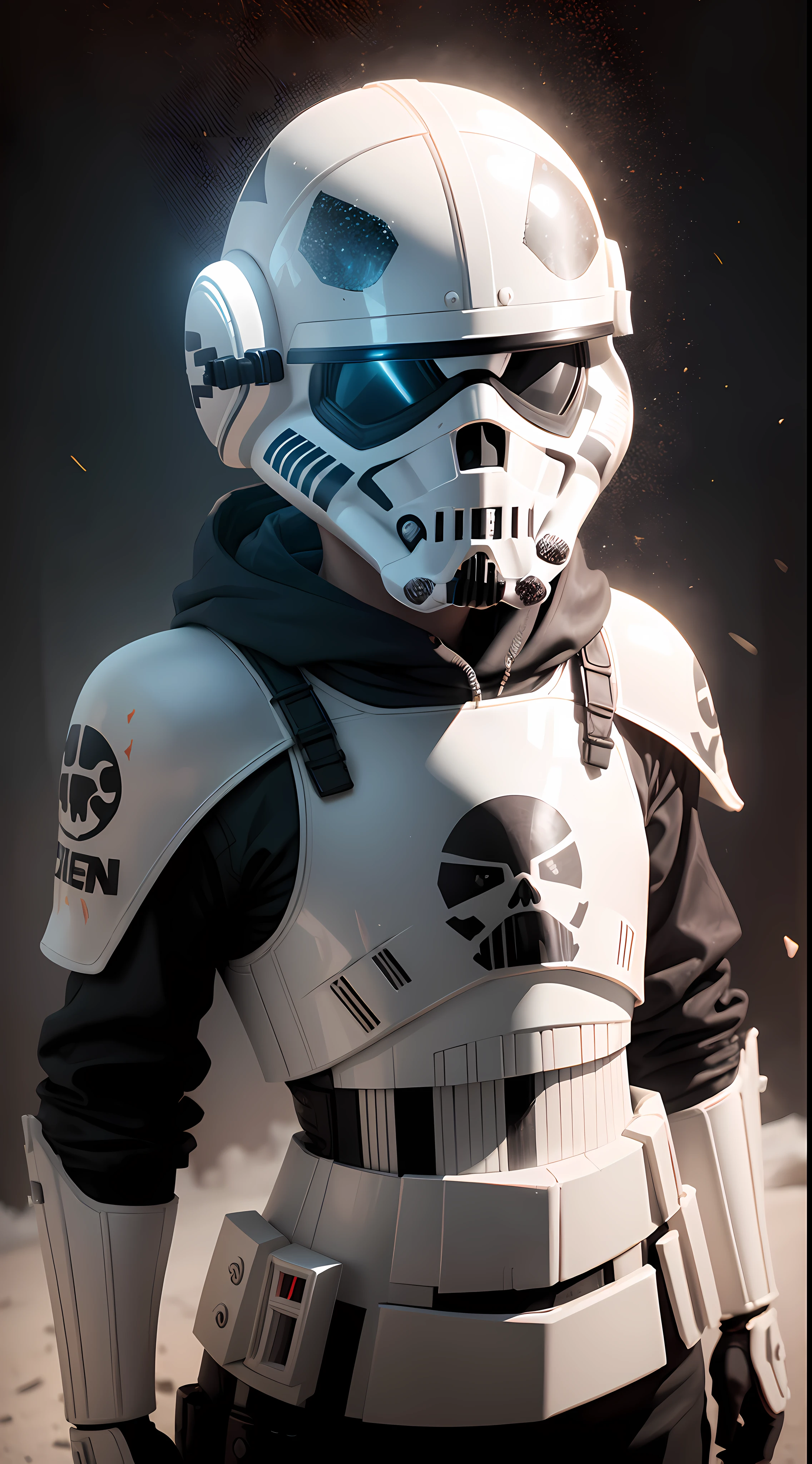 Storm Trooper helmet painted to look like a Day of the Dead sugar skull, helmet facing the viewer, splattered paint in the background, 8K rich colors, hyper realistic, lifelike texture, dramatice lighting --auto