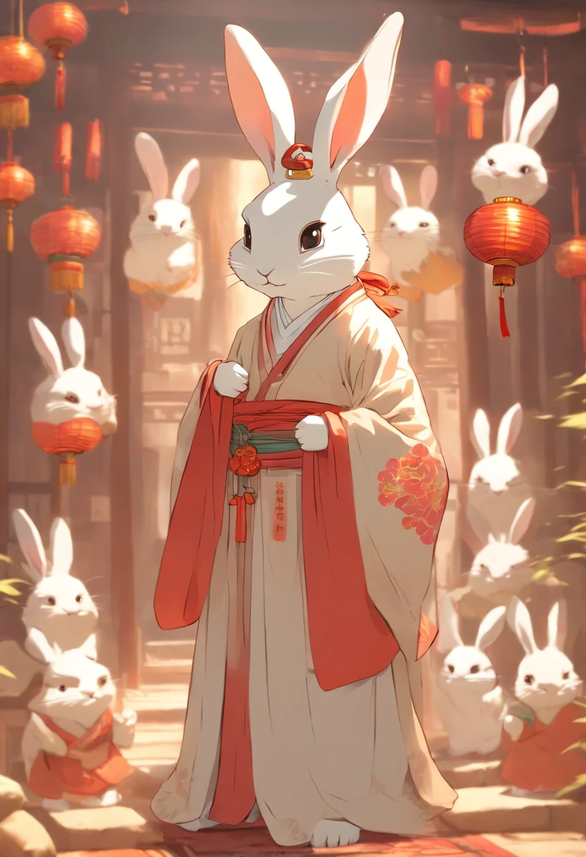 There is a rabbit,Chinese round fan in hand, Rabbit, A rabbit, White rabbit, Rabbit_Bunny,, anthropomorphic rabbit, the white rabbit, With a fan, Rabbit ears, Rabbit in Hanfu, Rabbit in Chinese costume, Rabbit in white hanfu, Traditional Chinese clothing, with acient chinese clothes, full-body xianxia, Chinese style, Chinese costume, 8K))inspired by Kanbun Master, in style of hayao miyazaki, rabbit face only, studio ghibli filter, edgBunny_Character