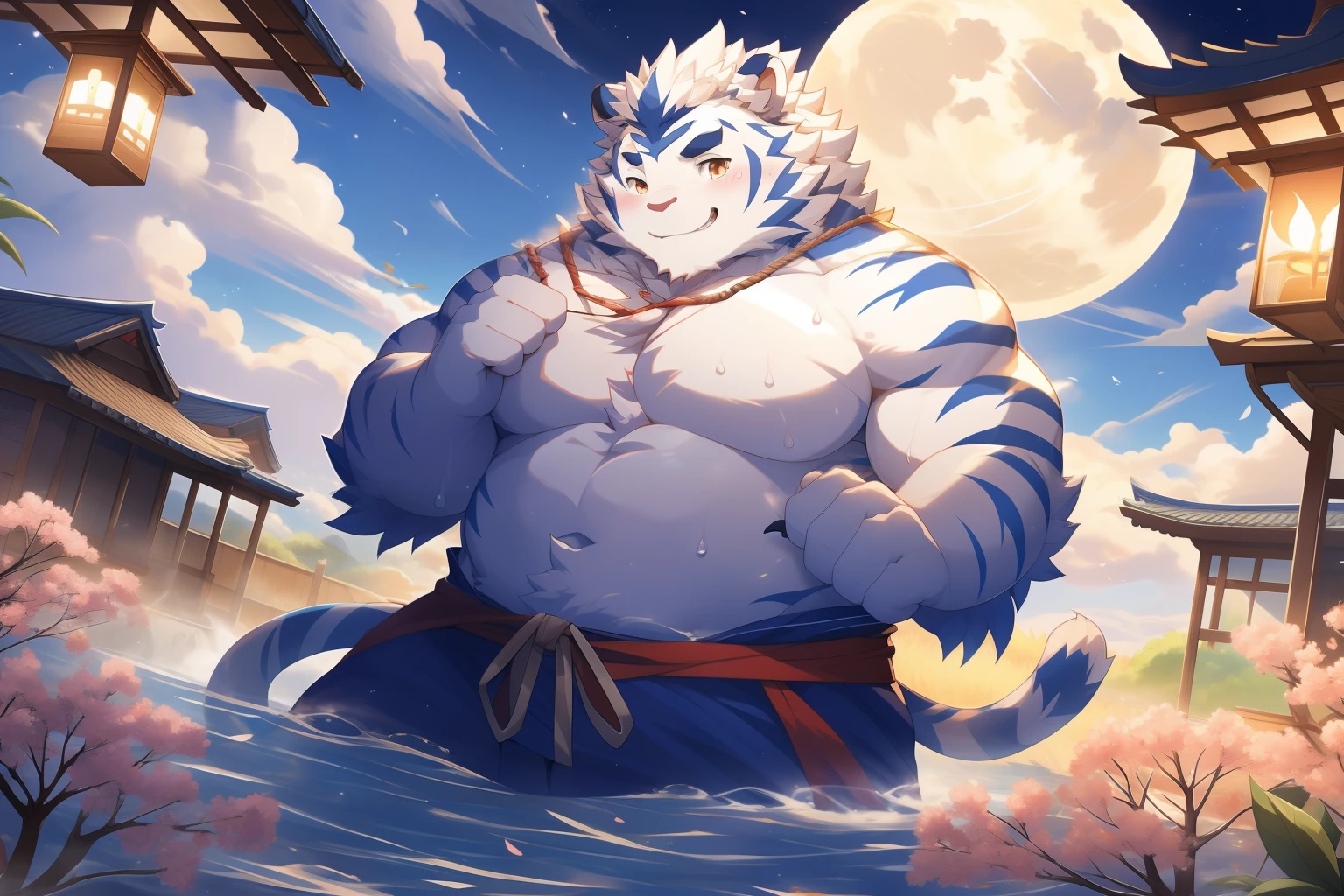 tmasterpiece，the night，Anthropomorphic white tiger，male people，26 year old，Thick eyebrows，Light blue fur，Strong body，large pecs，bare full body，Pink milk clusters，White six-foot trousers，medium bulge，Soak in an open-air hot spring，vapour，sweat leggs，ssmile，Be red in the face，looking toward the viewer，Golden pupils，Strong，Solo，frontage，Full body photo，A huge full moon in the sky，Auspicious clouds，green plant，blossoms，Lanterns